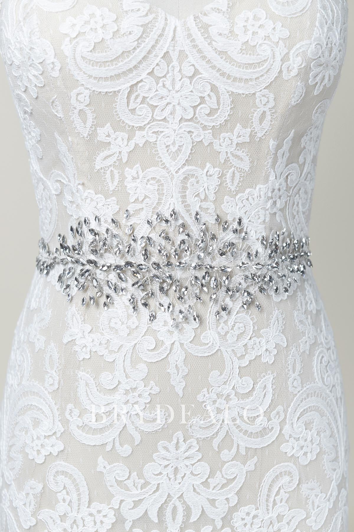 Cheap Ivory Satin Silver Crystal Vine Bridal Sash