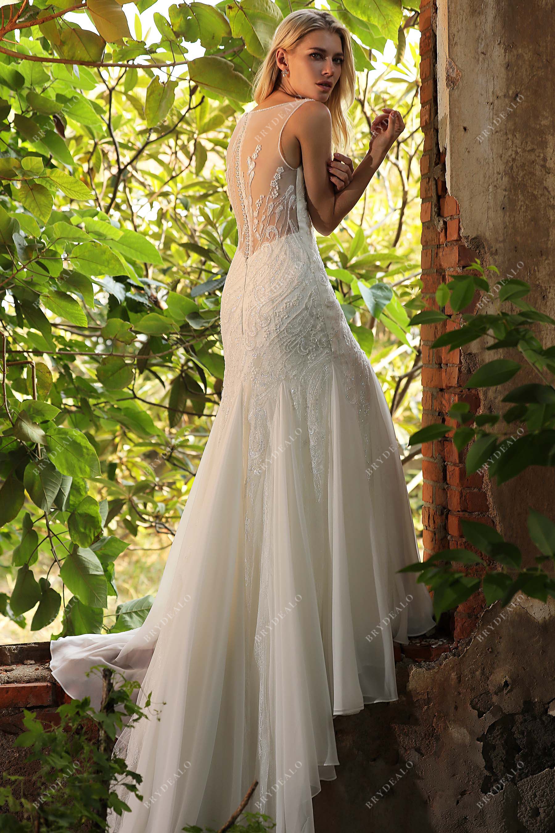 Chiffon Godets Illusion Back Bridal Gown