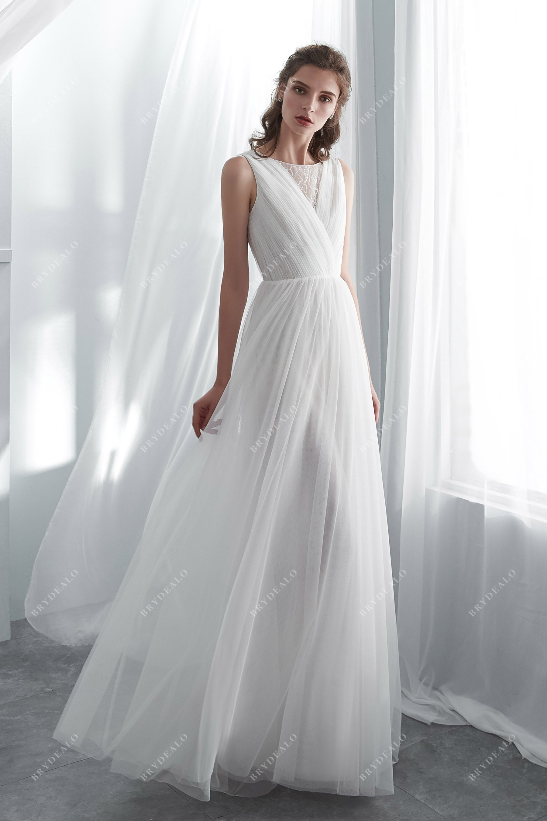 Simple Beaded Soft Tulle Beach Wedding Dress