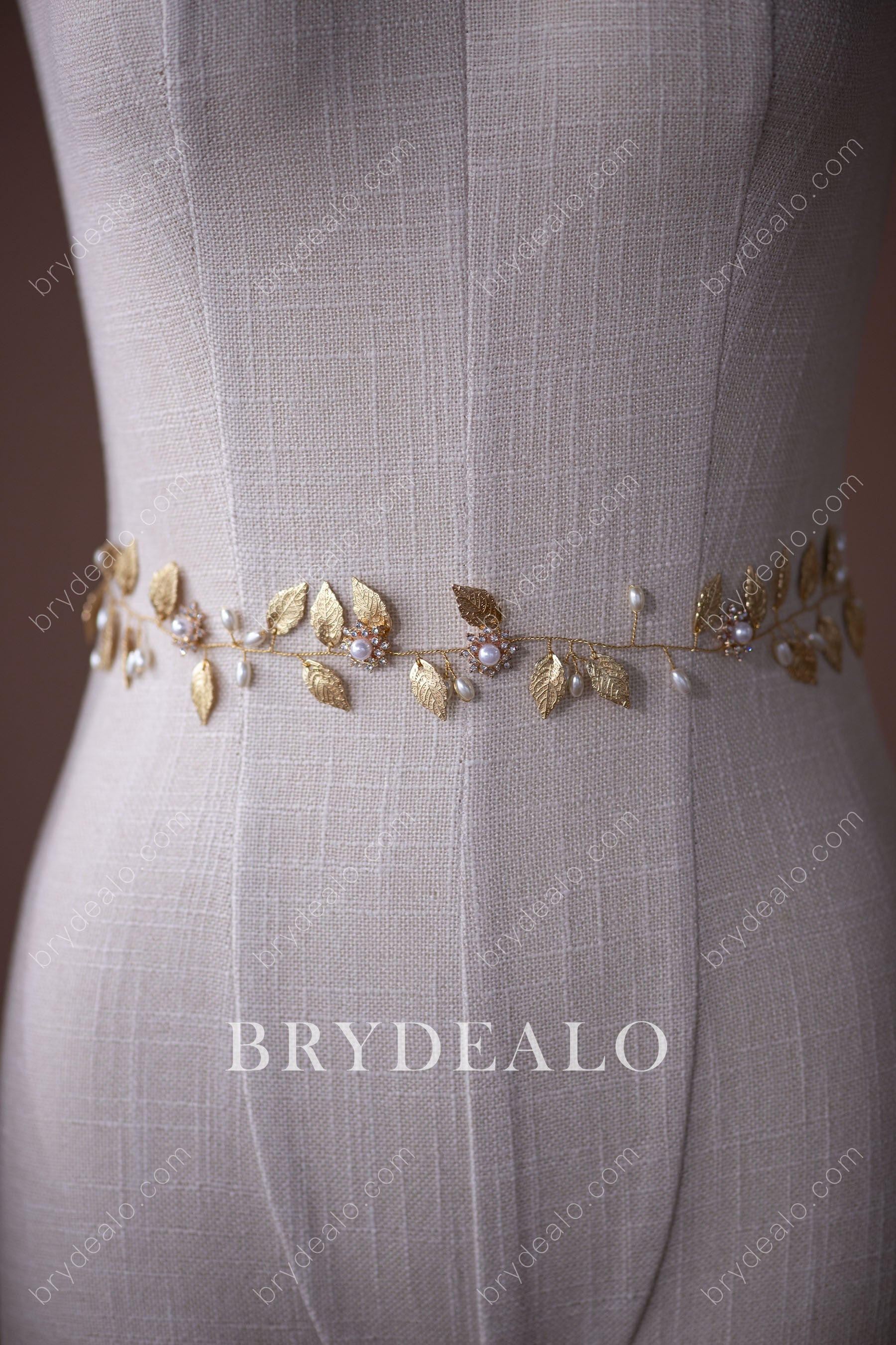 Delicate Alloy Gold Leaf Pearl Bridal Sash