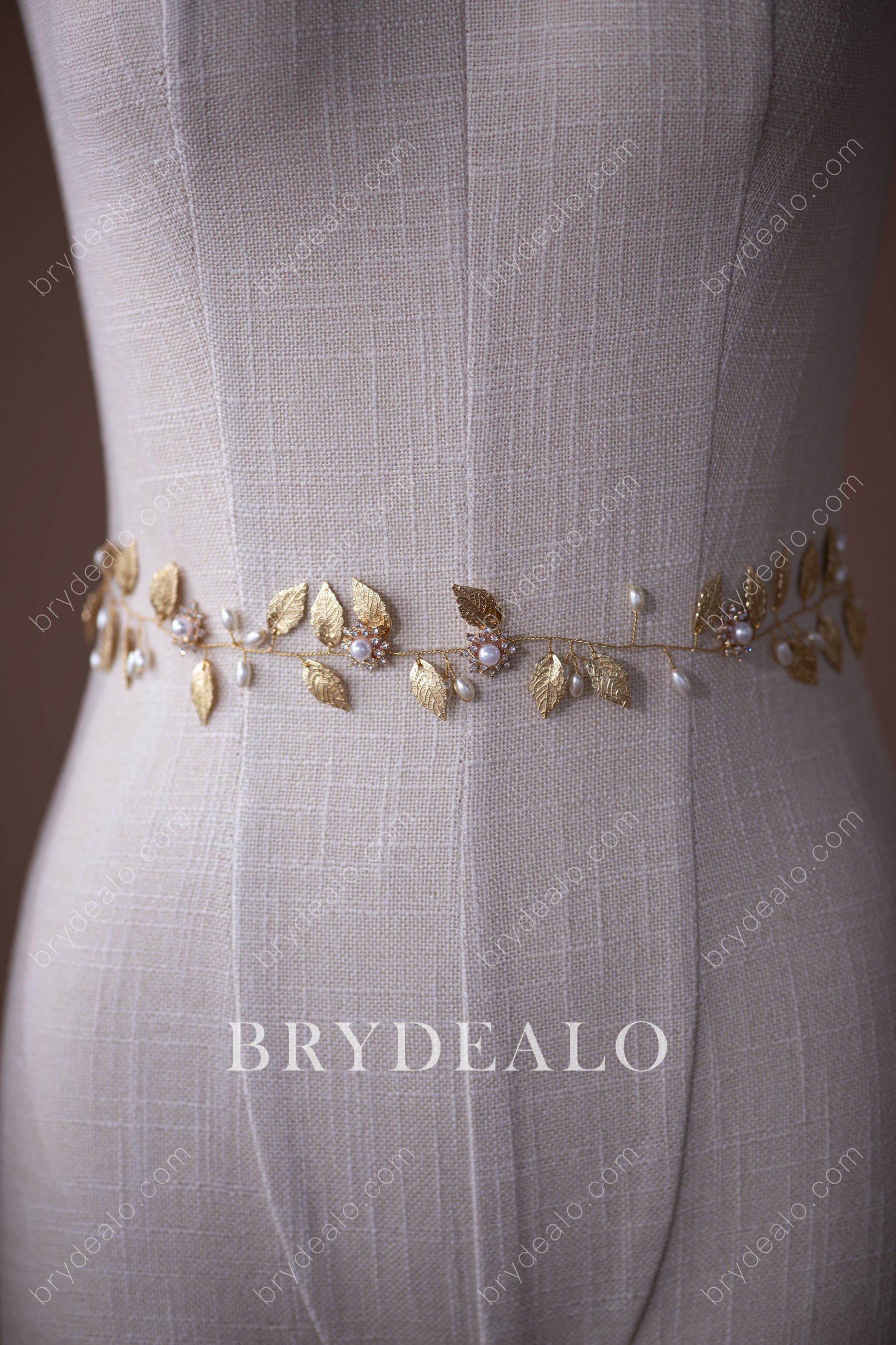 Delicate Alloy Gold Leaf Pearl Bridal Sash Black Delicate Alloy Gold Leaf Pearl Bridal Sash Black