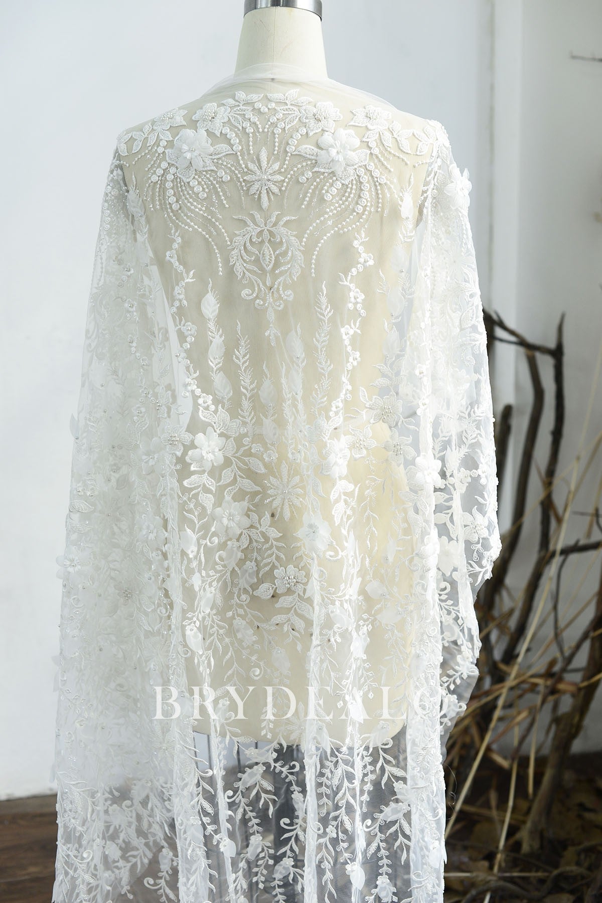 High-End 3D Flower Vine Lace Fabric with Pearls