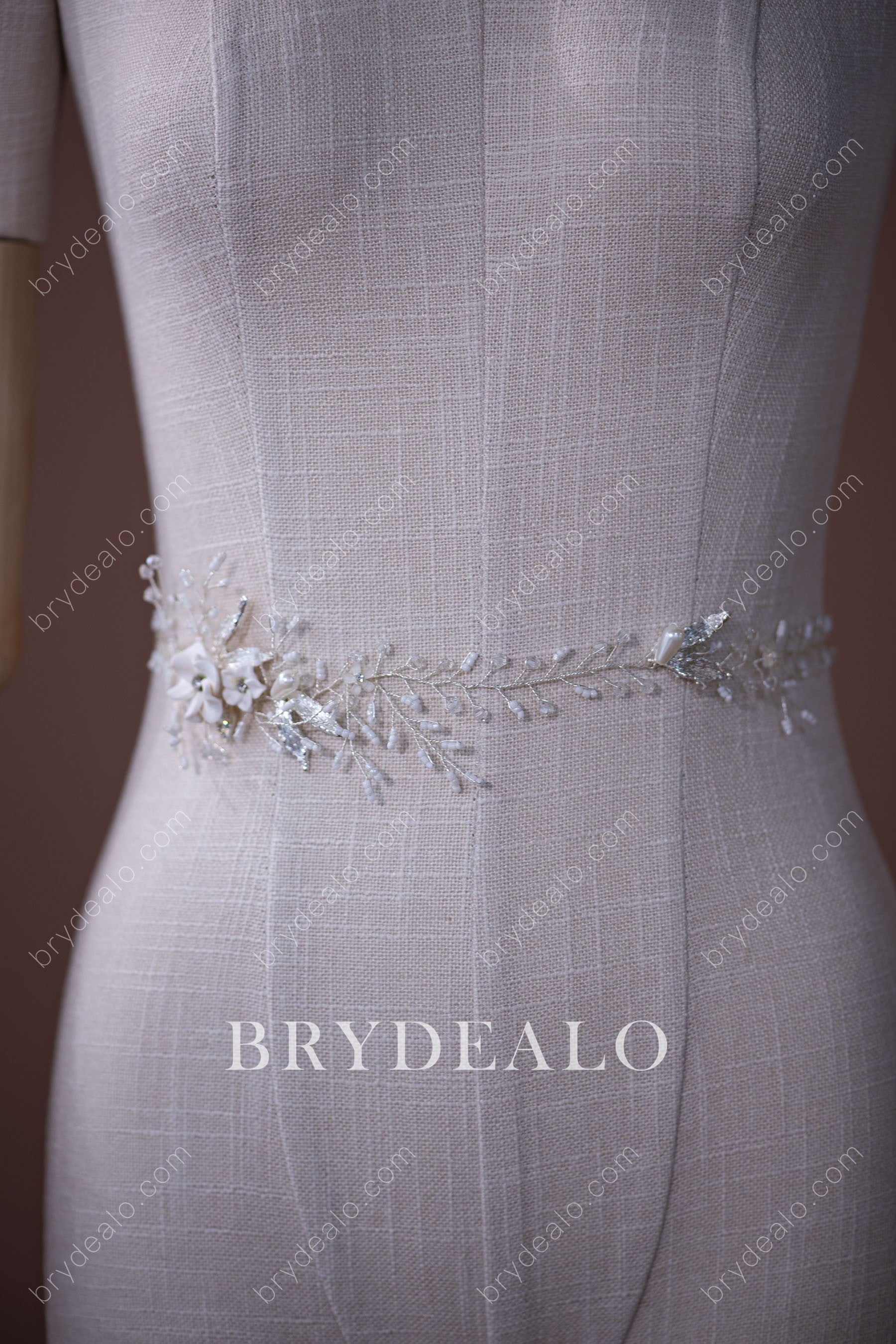 Designer Flower Branch Beaded Bridal Sash Silver & Grey