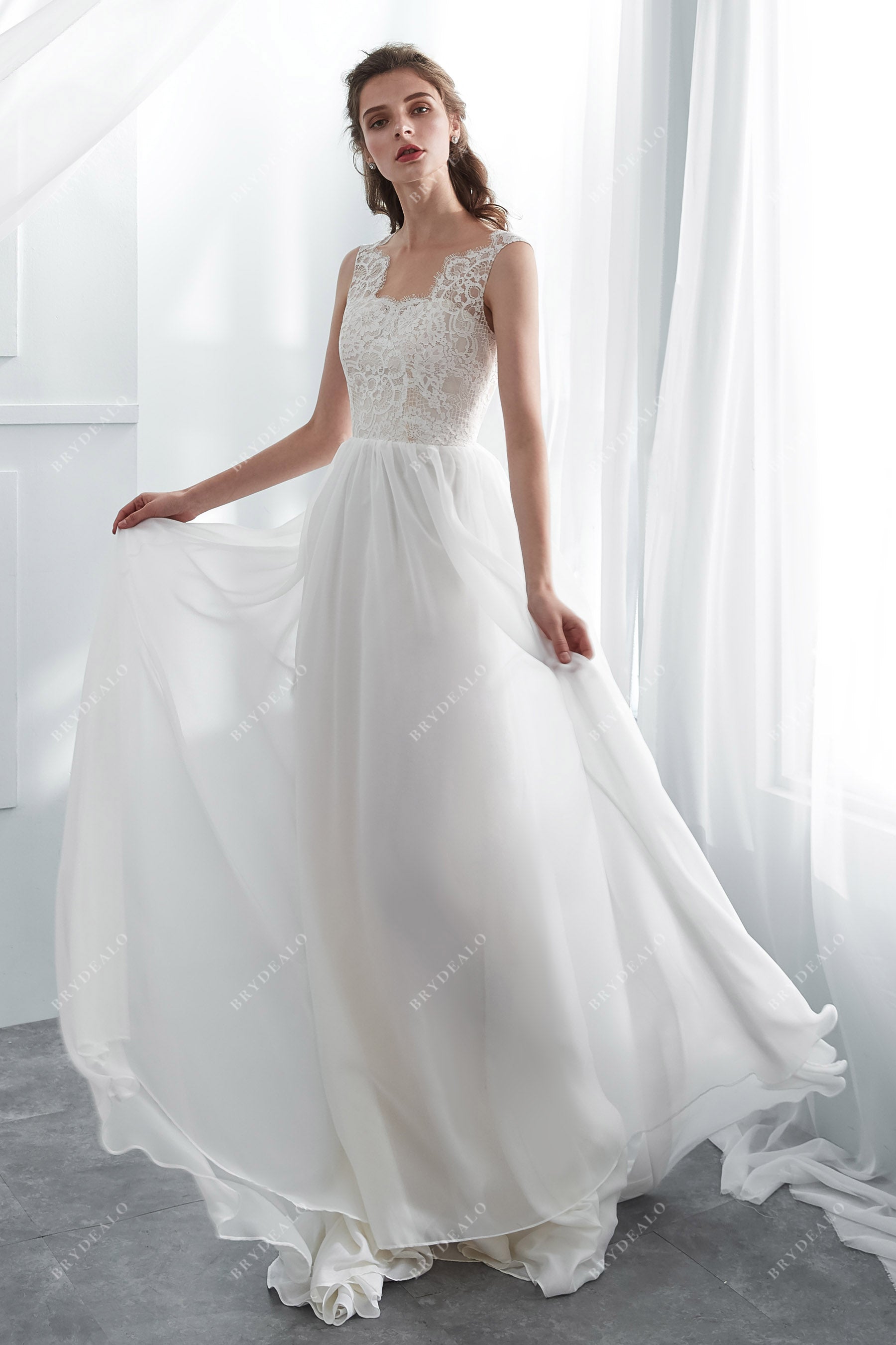 Simple Lace Chiffon Boho A-line Wedding Dress
