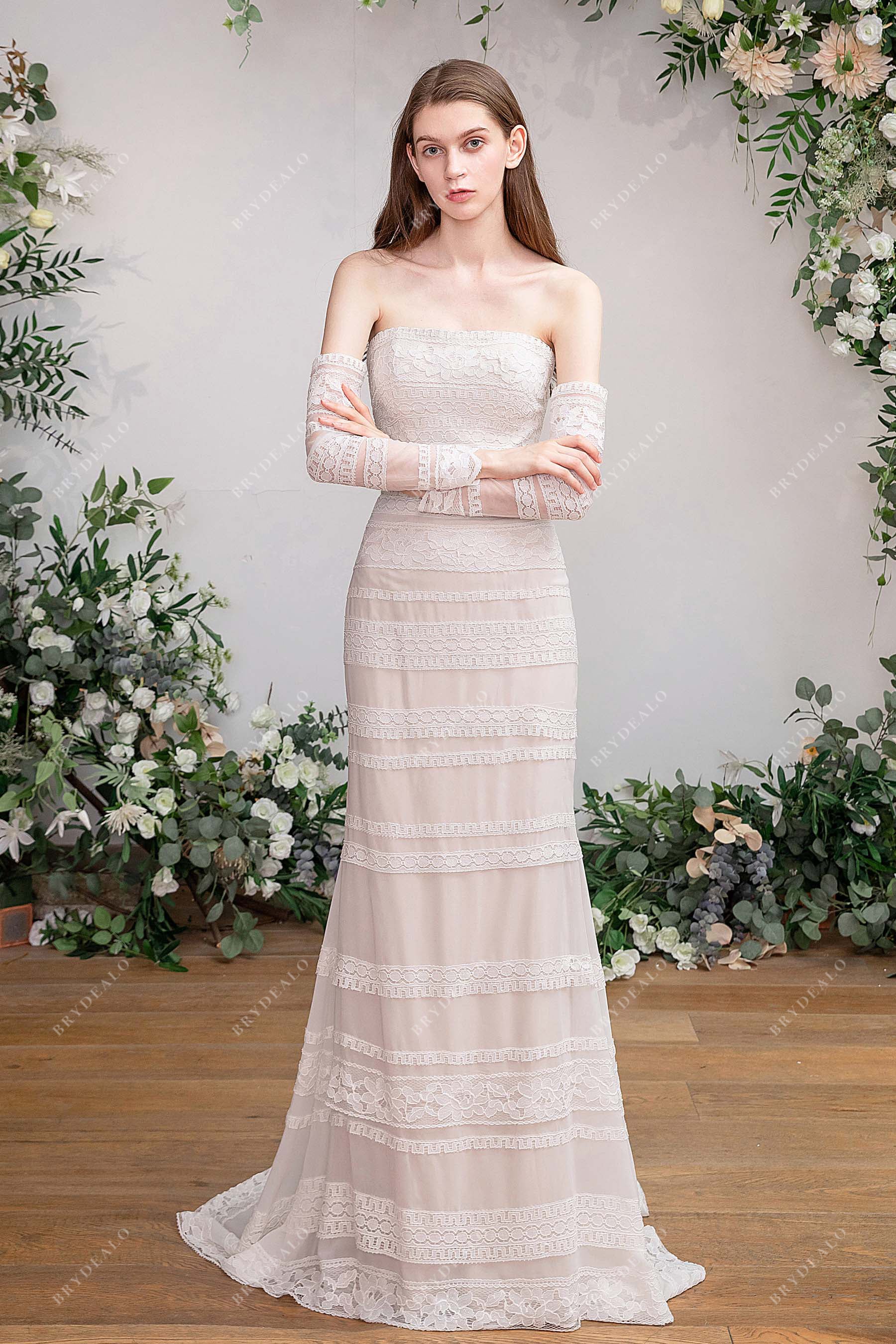 detachable sleeves lace fit and flare bohemian wedding dress