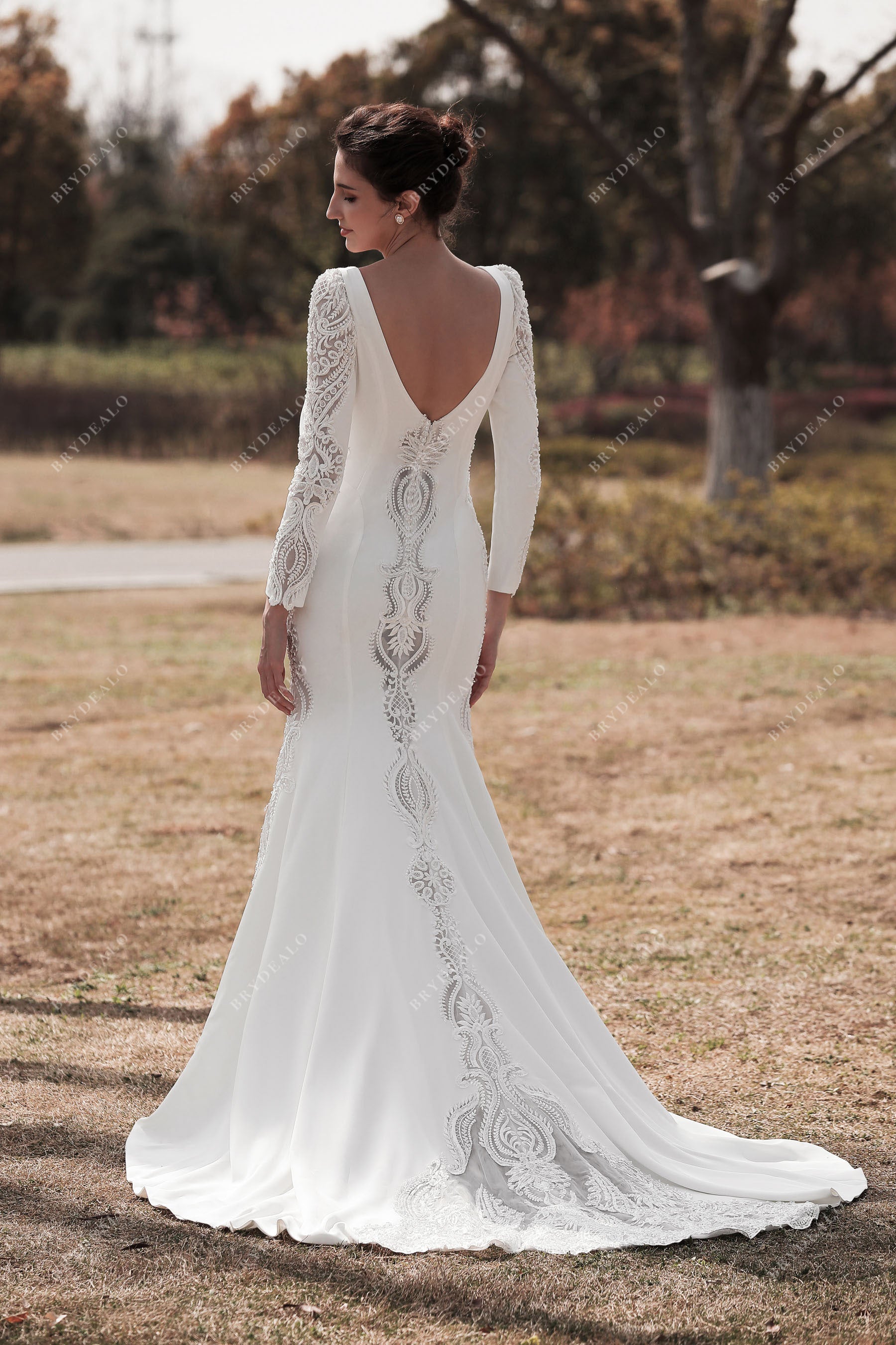V-back Crepe Lace Sleeved Mermaid Bridal Gown