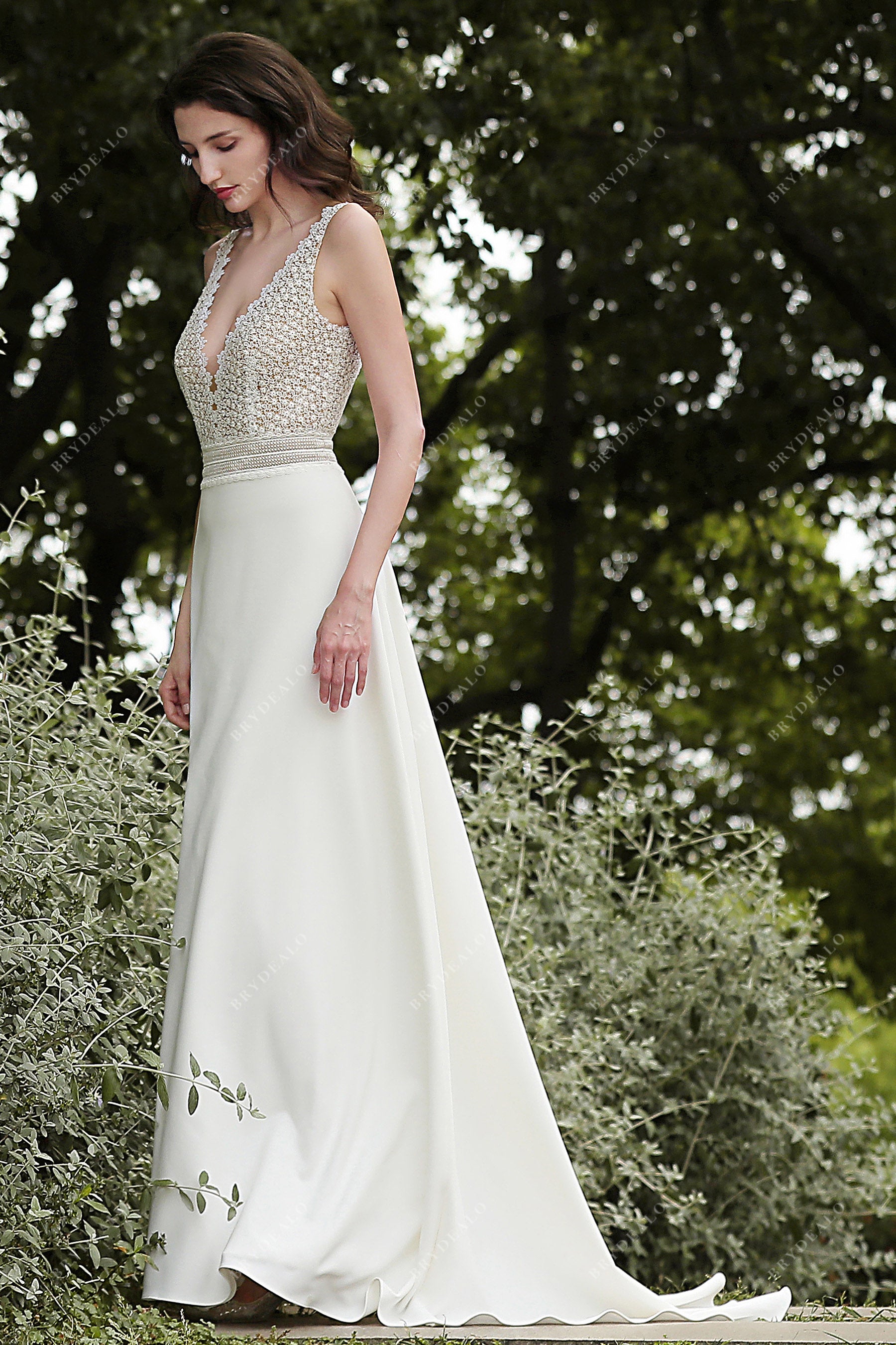 Elegant Straps A Line Lace Crepe Wedding Dress