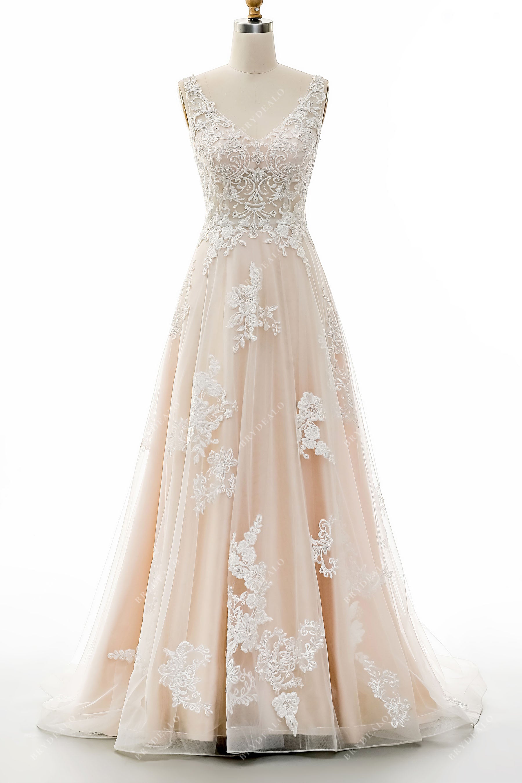 elegant V-neck lace appliqued tulle wedding gown