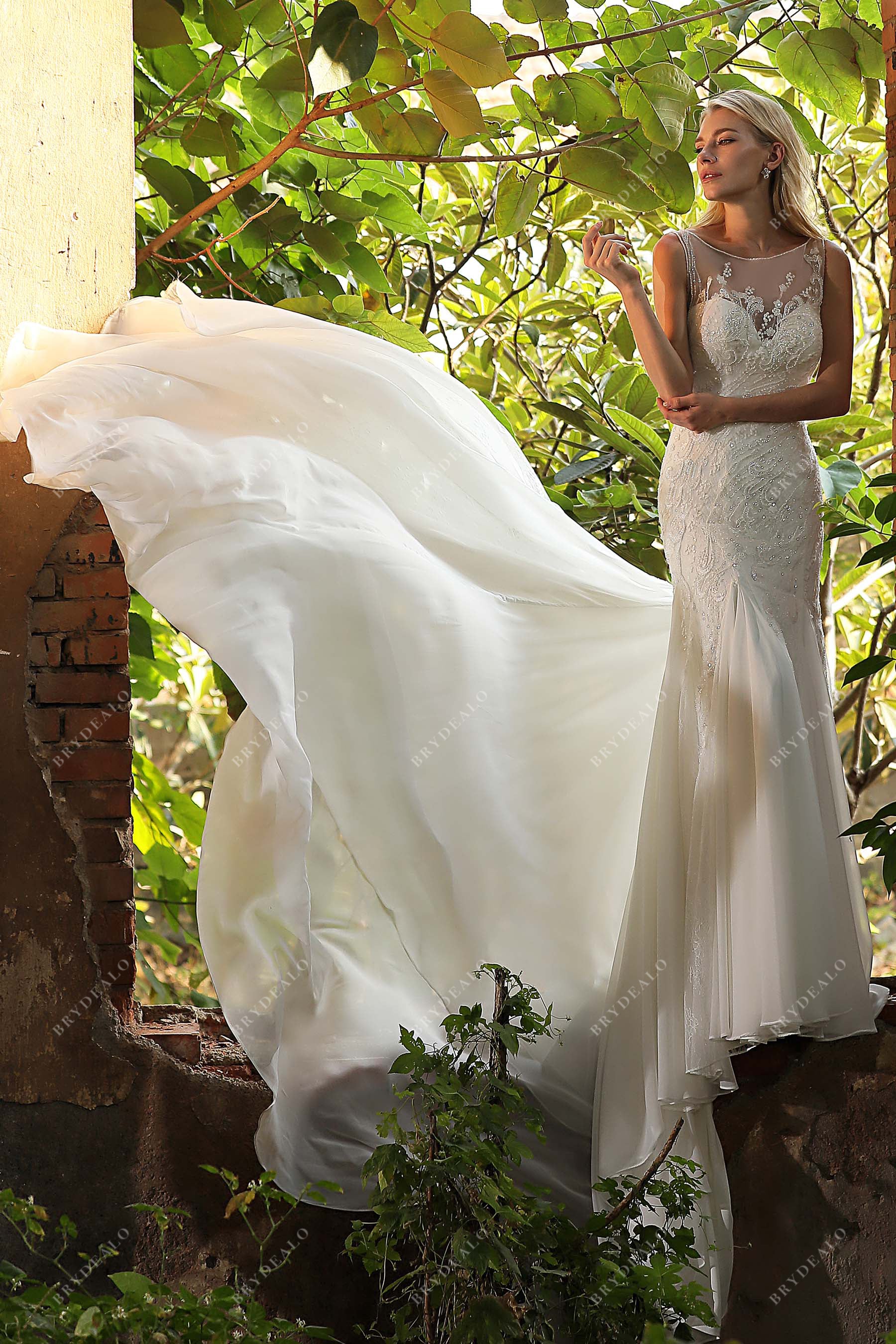 Ethereal Chiffon Gogets Mermaid Sleeveless Bridal Gown