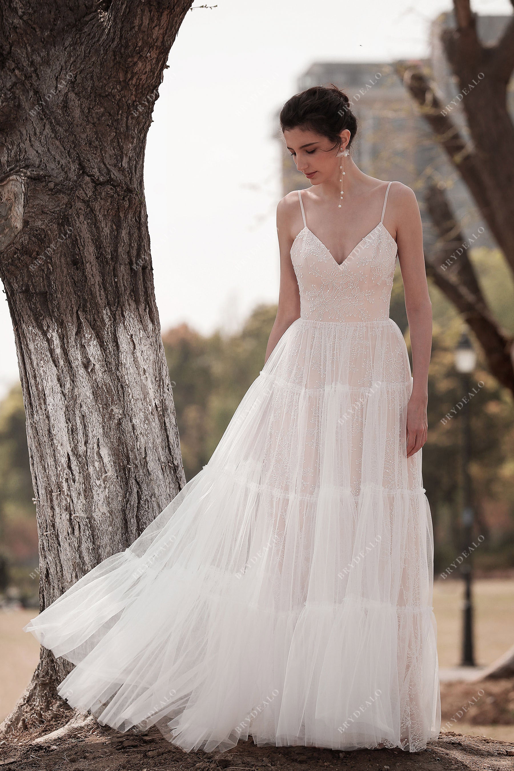 Ethereal Spaghetti Strap Pink Beach Wedding Dress