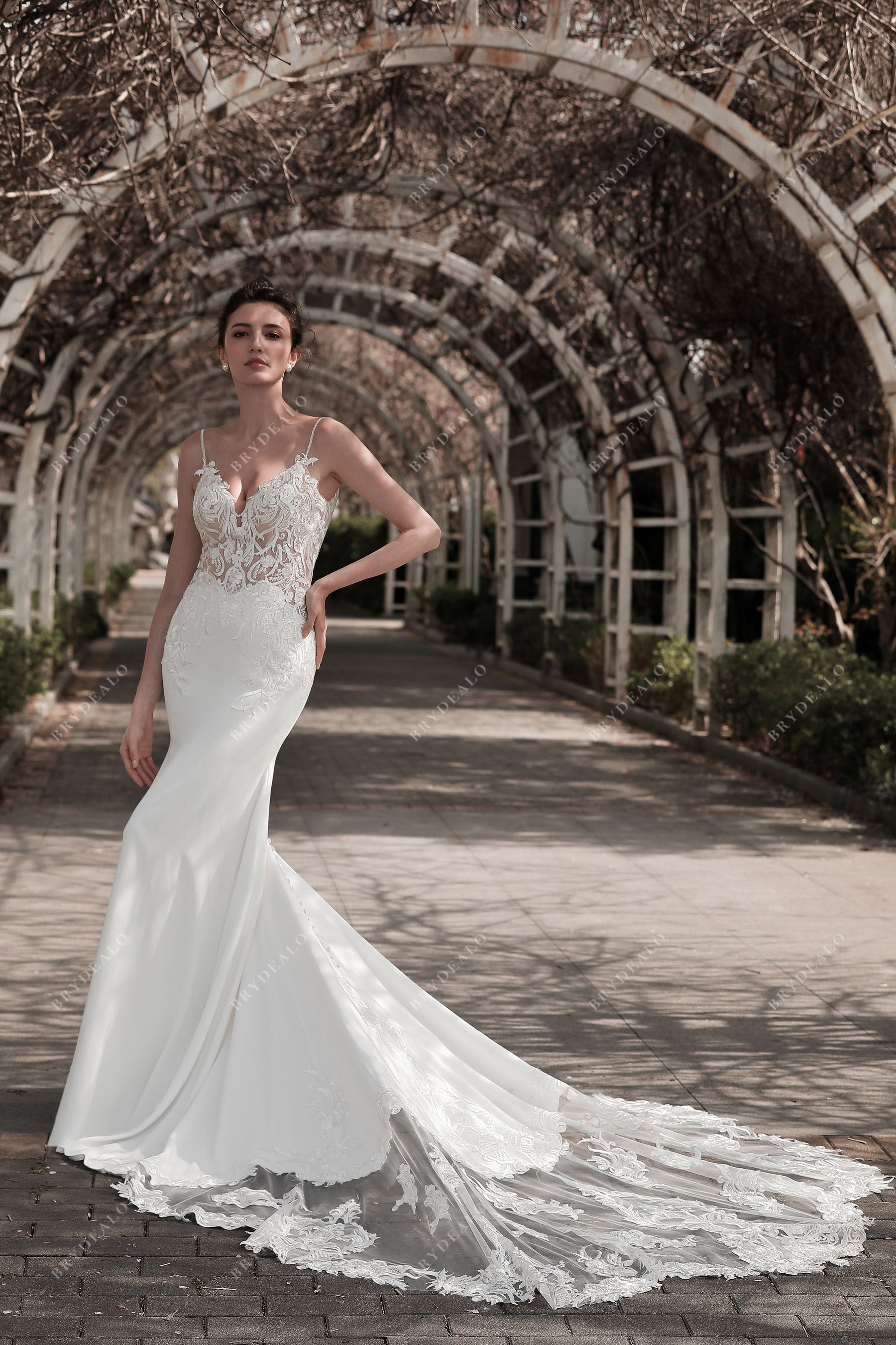 Flattering Lace Crepe Long Mermaid Bridal Gown Flattering Lace Crepe Long Mermaid Bridal Gown