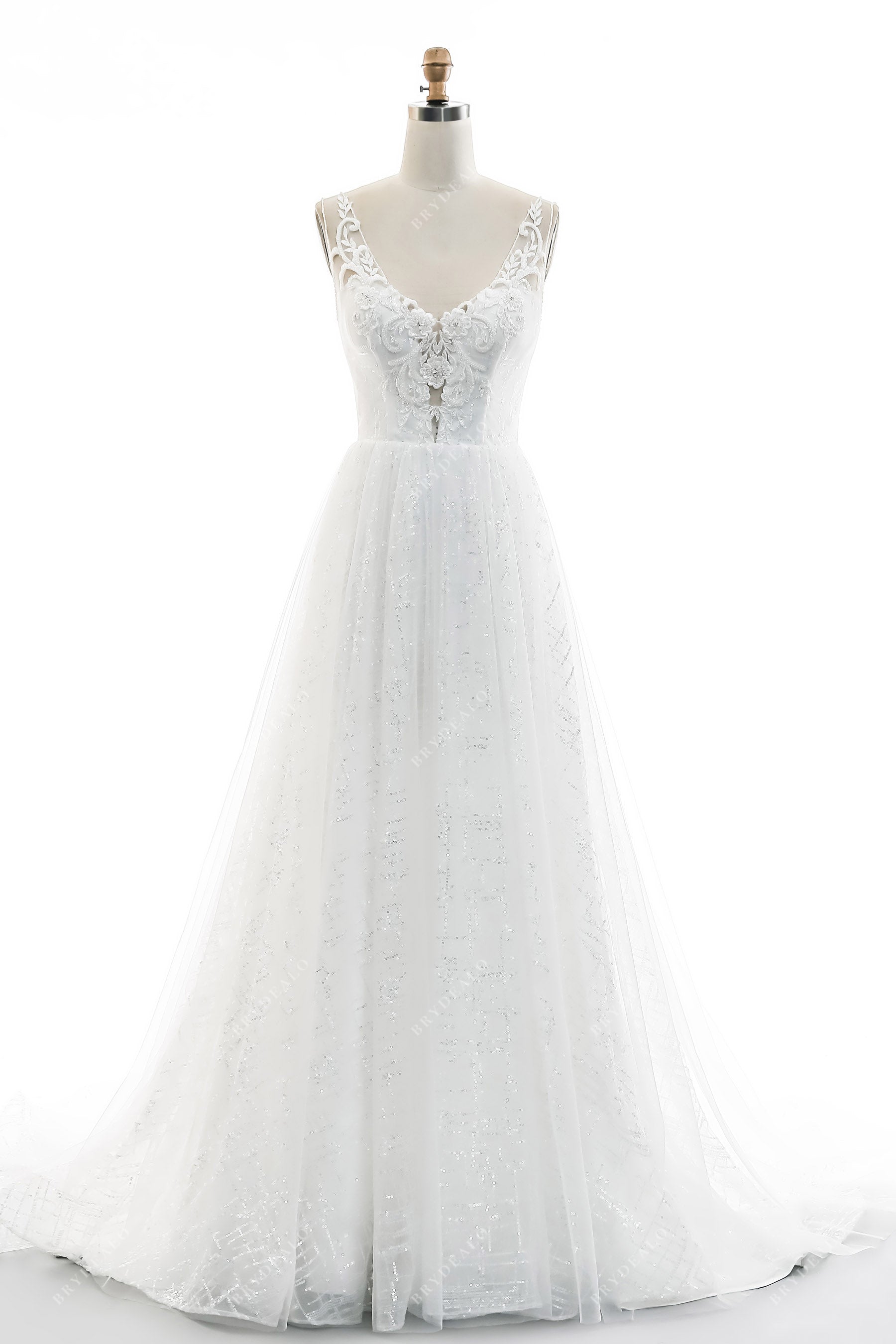 Floral Beaded Lace Plunging V-neck A-line Sequined Bridal Dress
