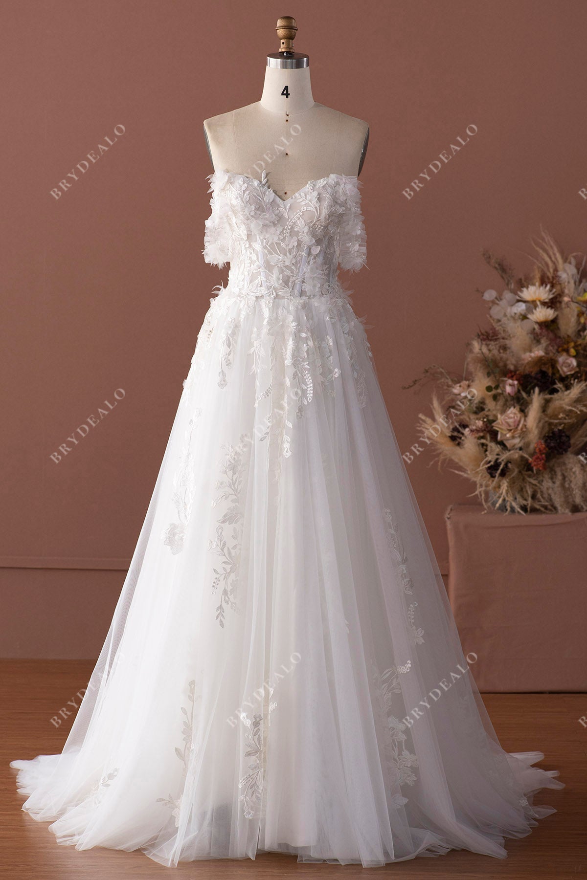 off shoulder lace applique A-line wedding dress
