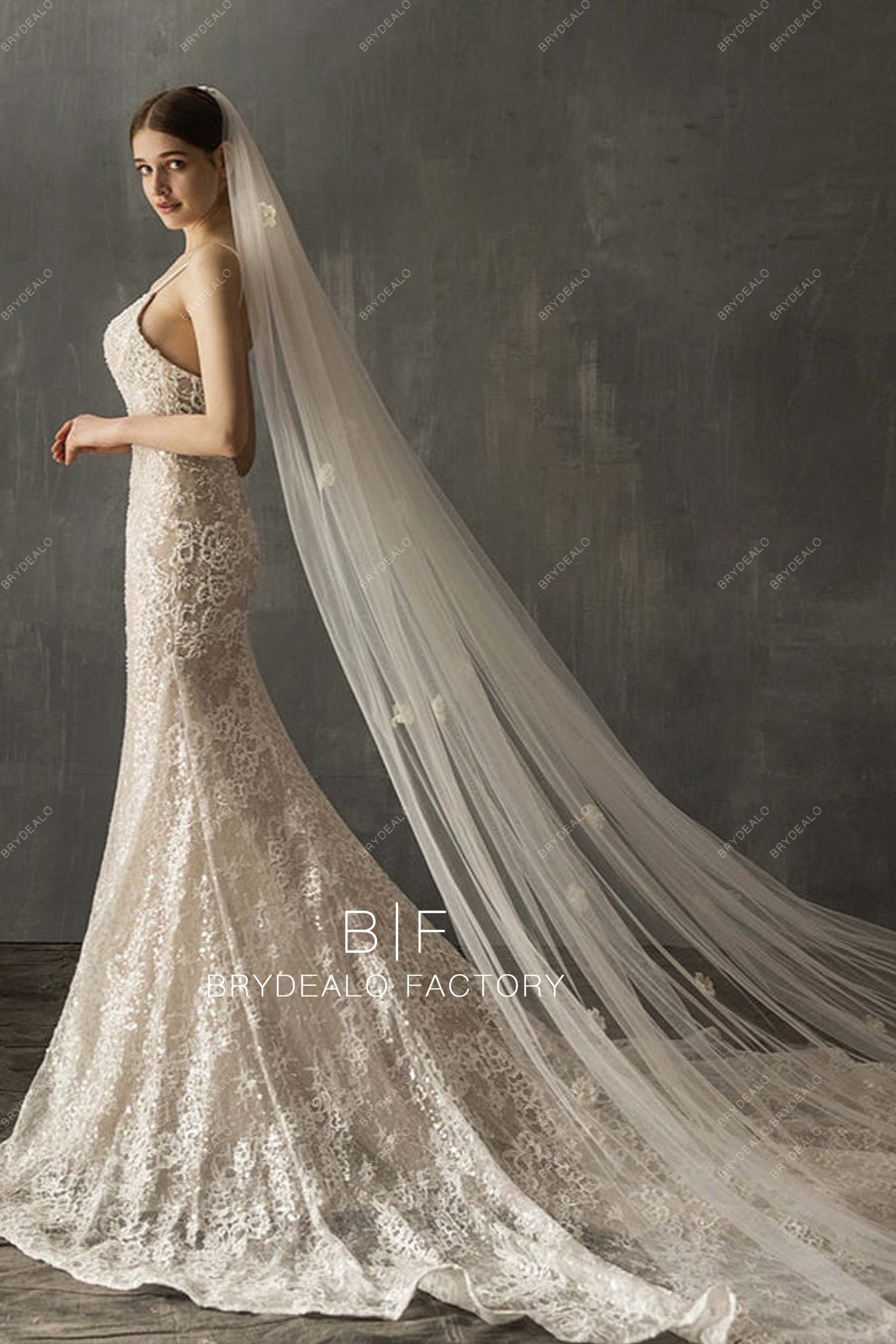 Flowers Scattered Long Bridal Veil Cathedral Length Wedding Veil
