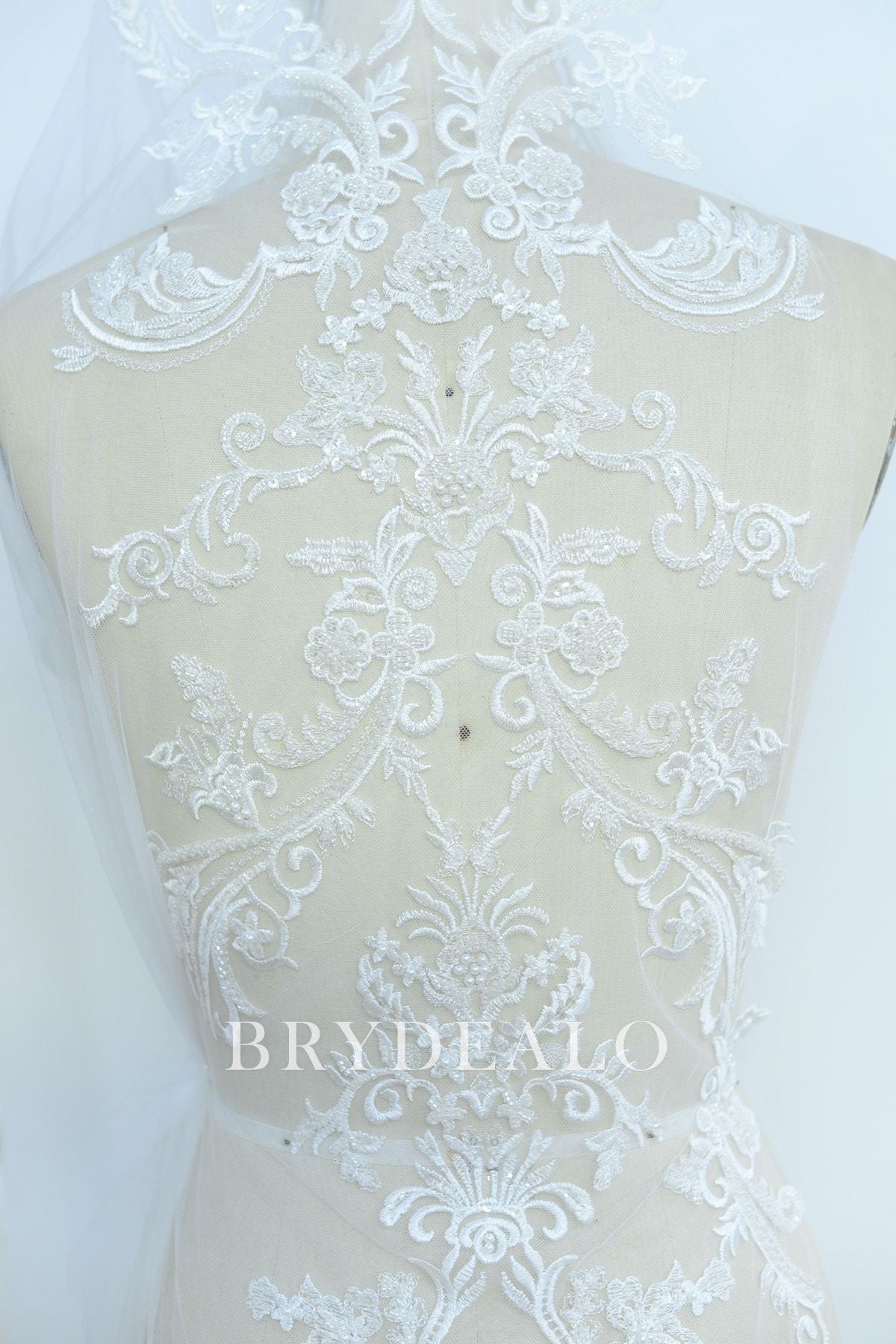 Symmetrical Beaded Flower Lace Fabric