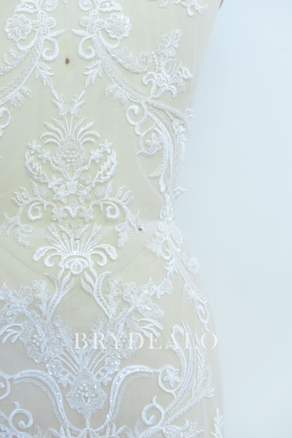 Shimmery Symmetrical Beaded Flower Lace Fabric
