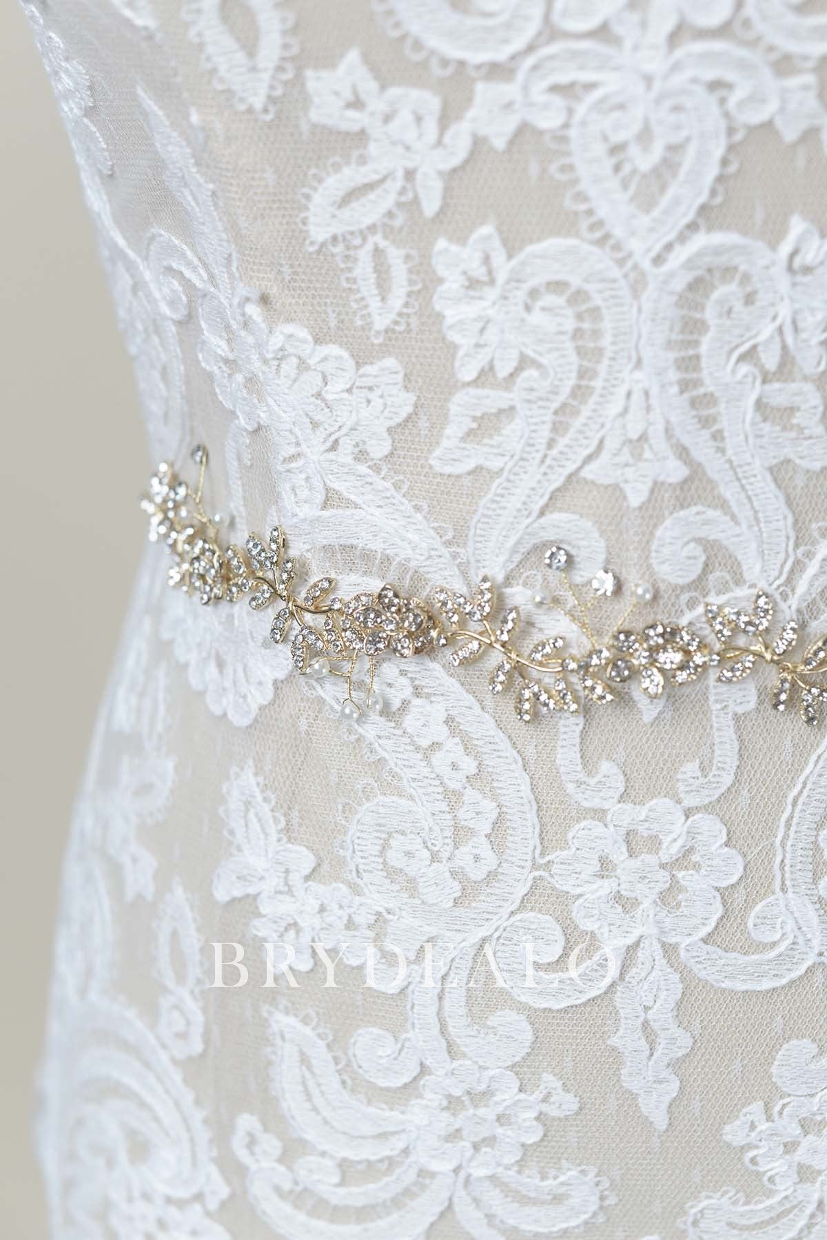 Golden Vine Bridal Sash Crystals and Pearls