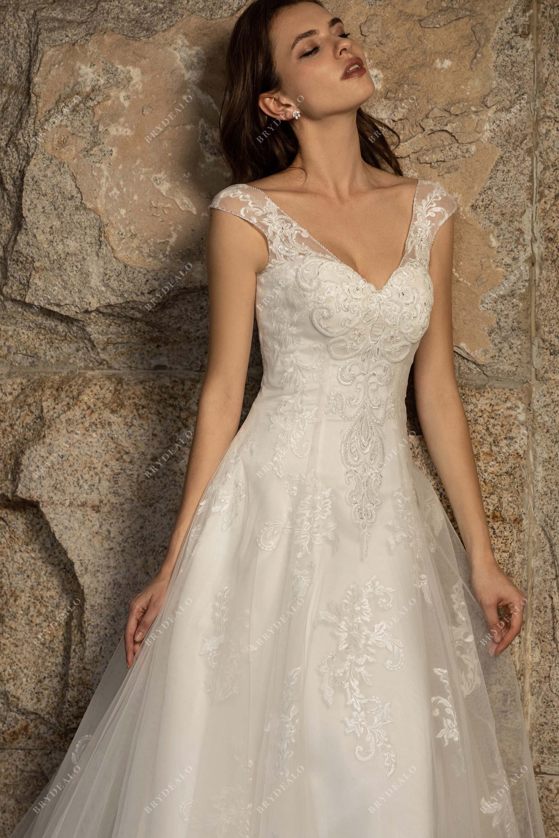 high quality beaded lace V-neck wedding dress
