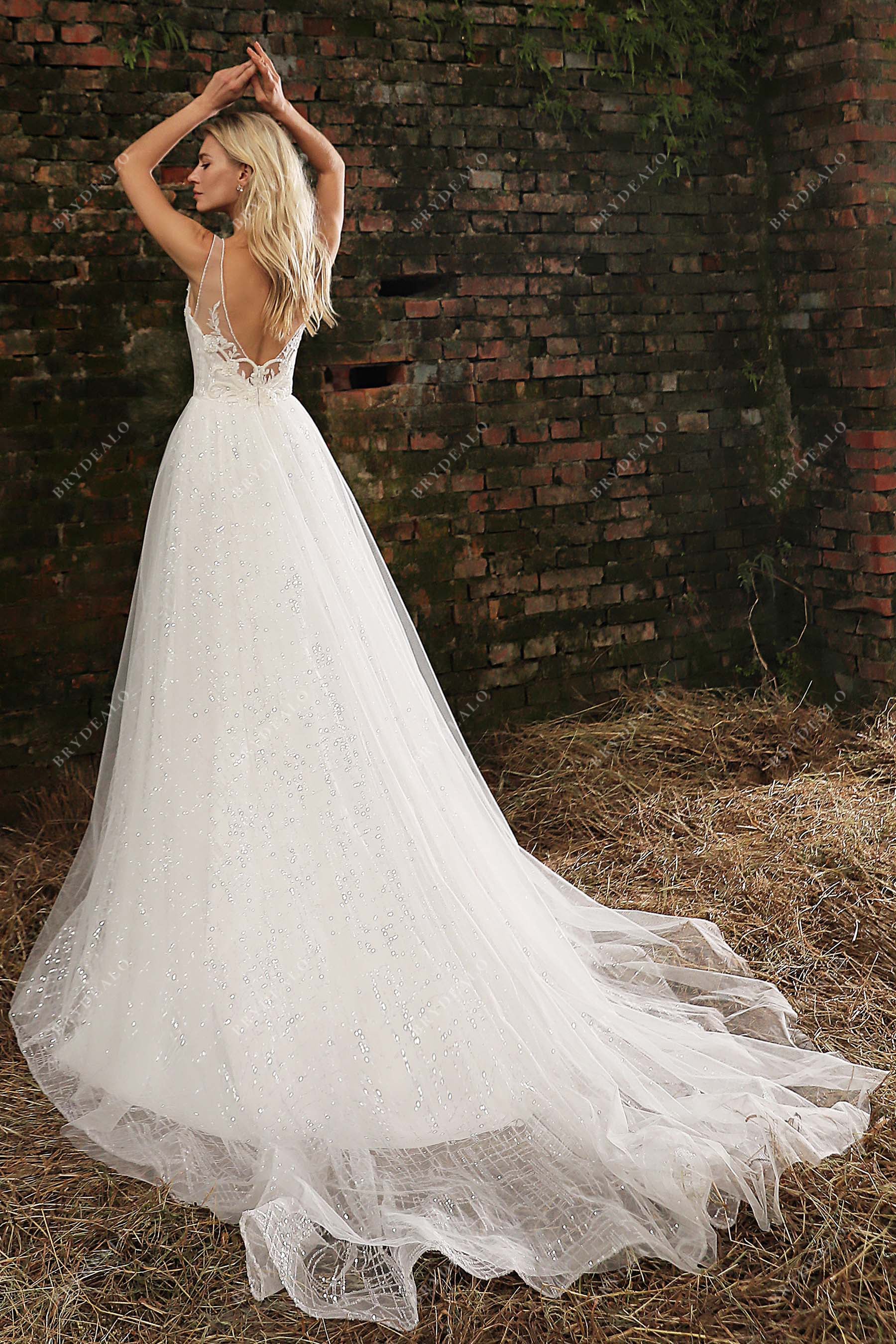 Horsehair Sequined Long Train A-line V-Back Bridal Dress