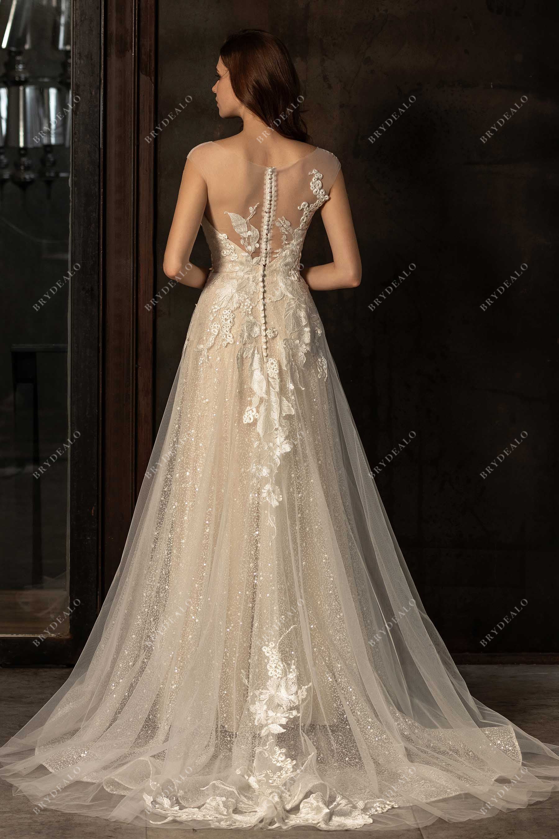 illusion back chapel train light ivory sequin lace tulle wedding dress