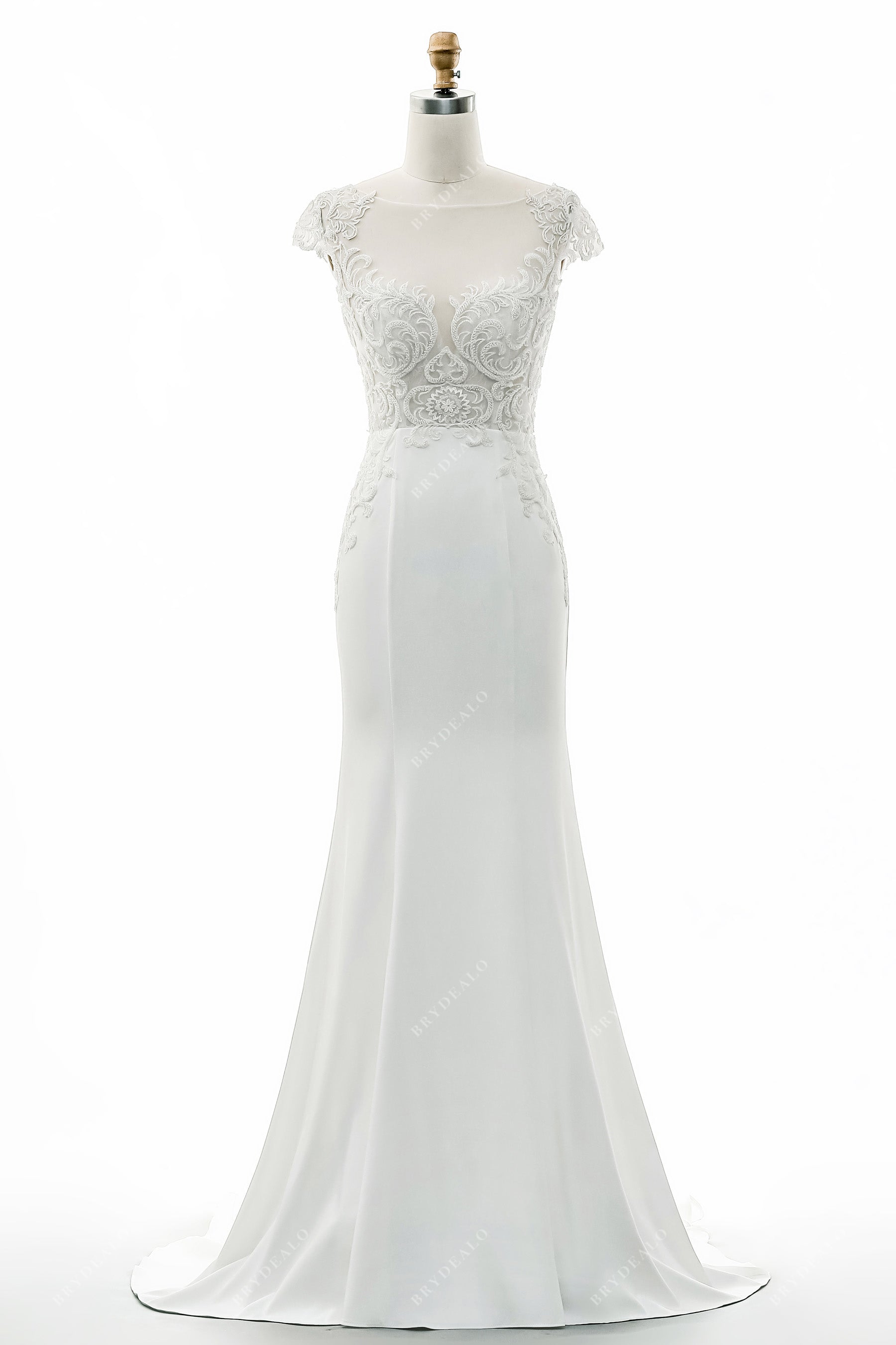 illusion beaded cap sleeve satin mermaid bridal gown