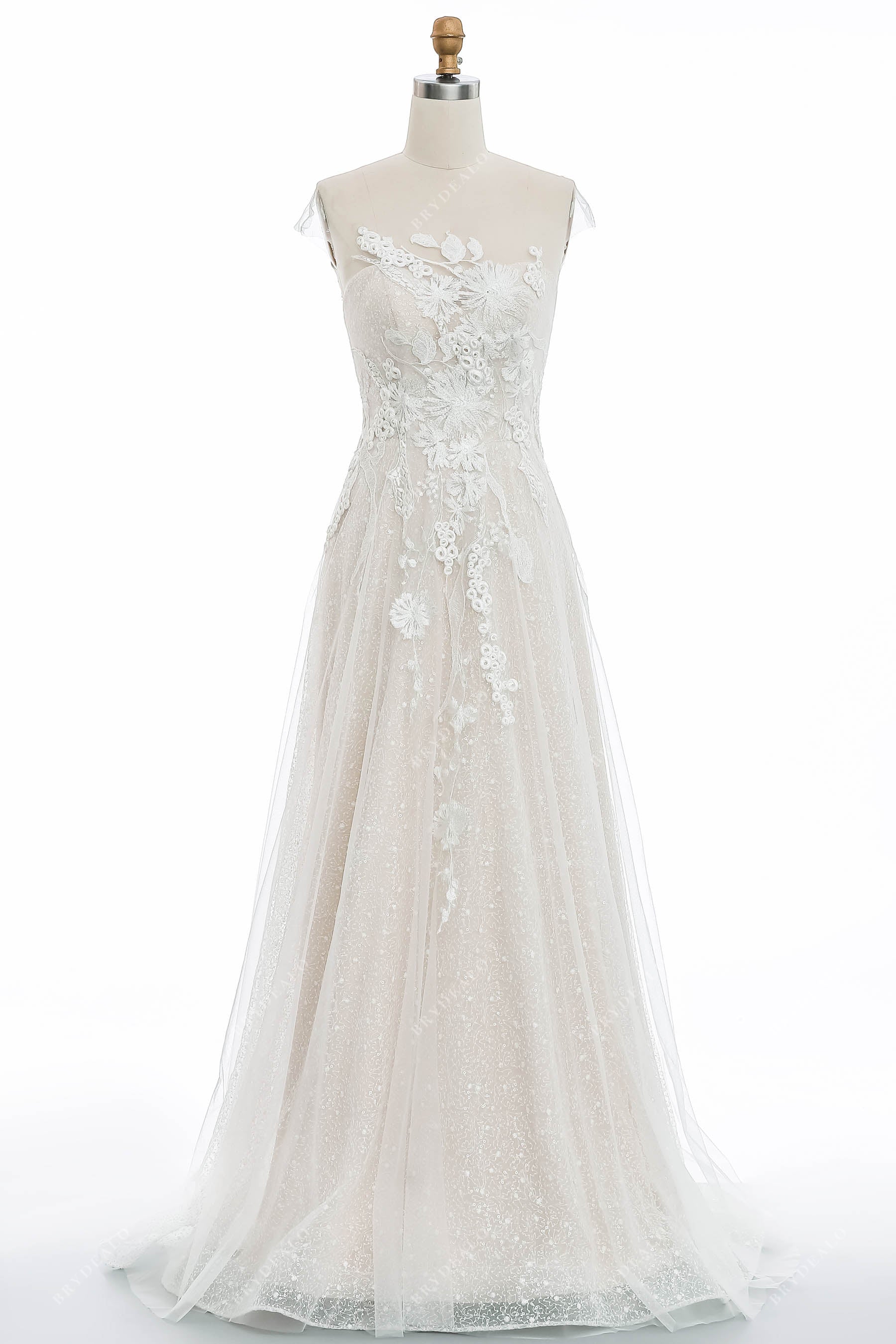 illusion cap sleeve sequin lace tulle wedding gown