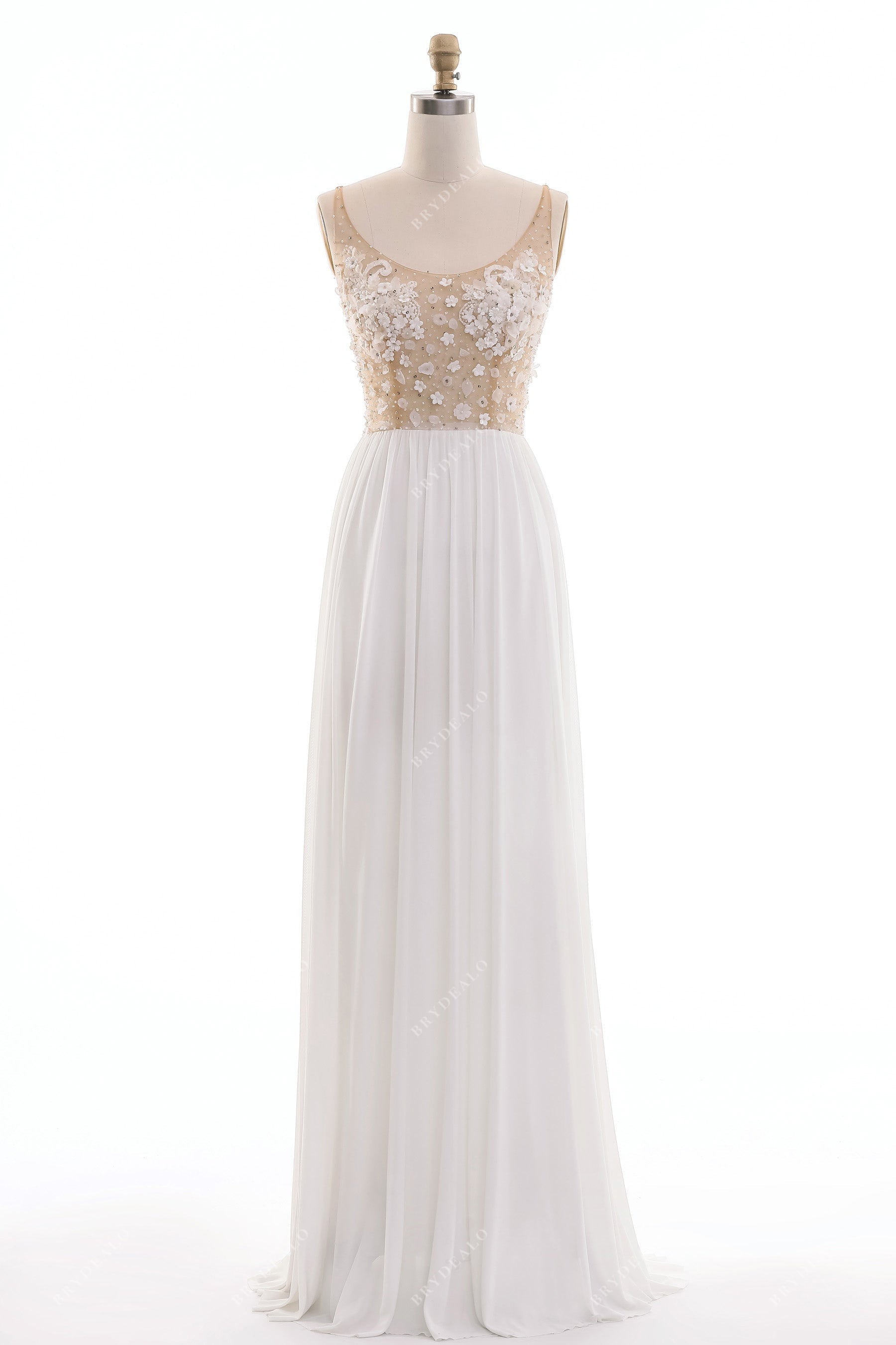 illusion flower crystals slim beach wedding dress