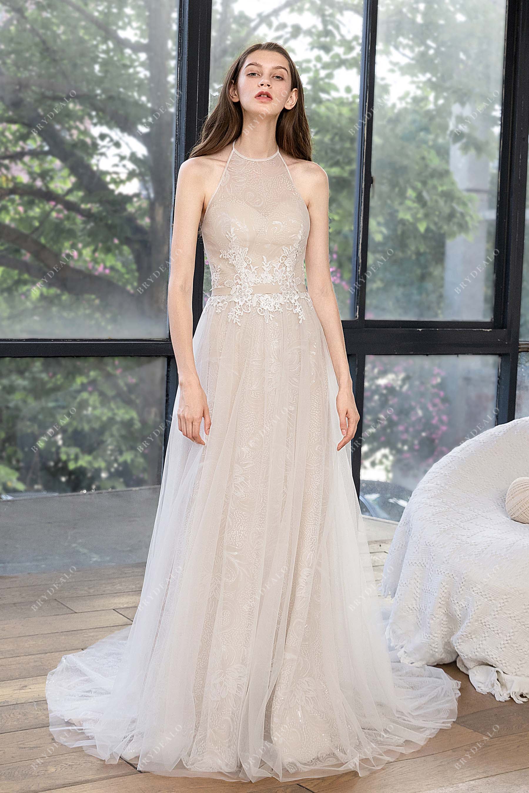 Halter Neck Lace A-line Tulle Destination Wedding Dress Light Ivory Halter Neck Lace A-line Tulle Destination Wedding Dress Light Ivory