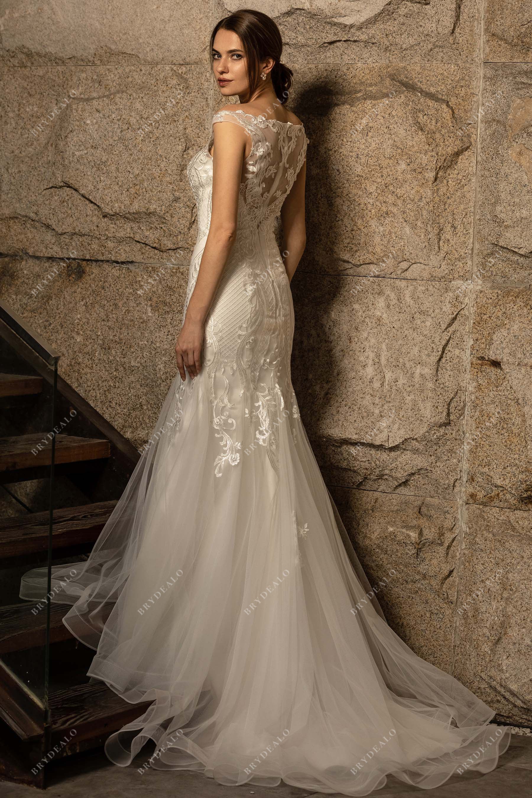 illusion lace back mermaid tulle sweep train wedding dress