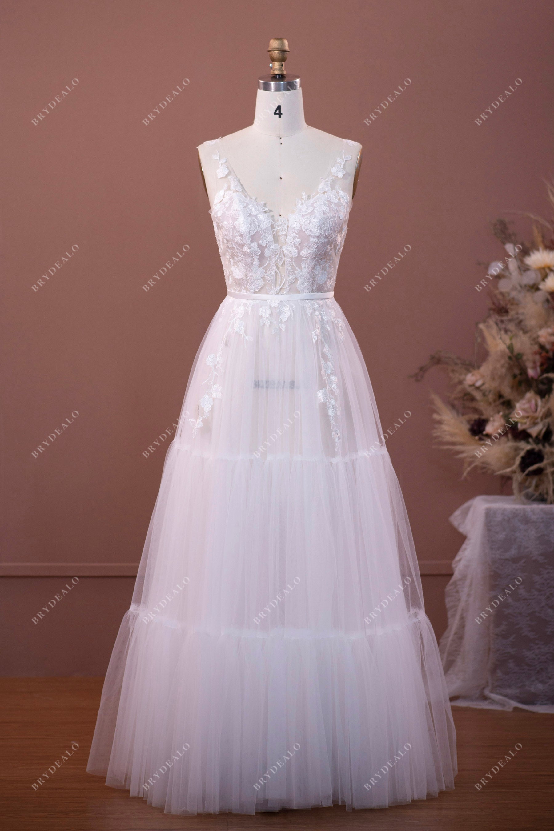 Illusion Lace Tulle Beach Wedding Dress
