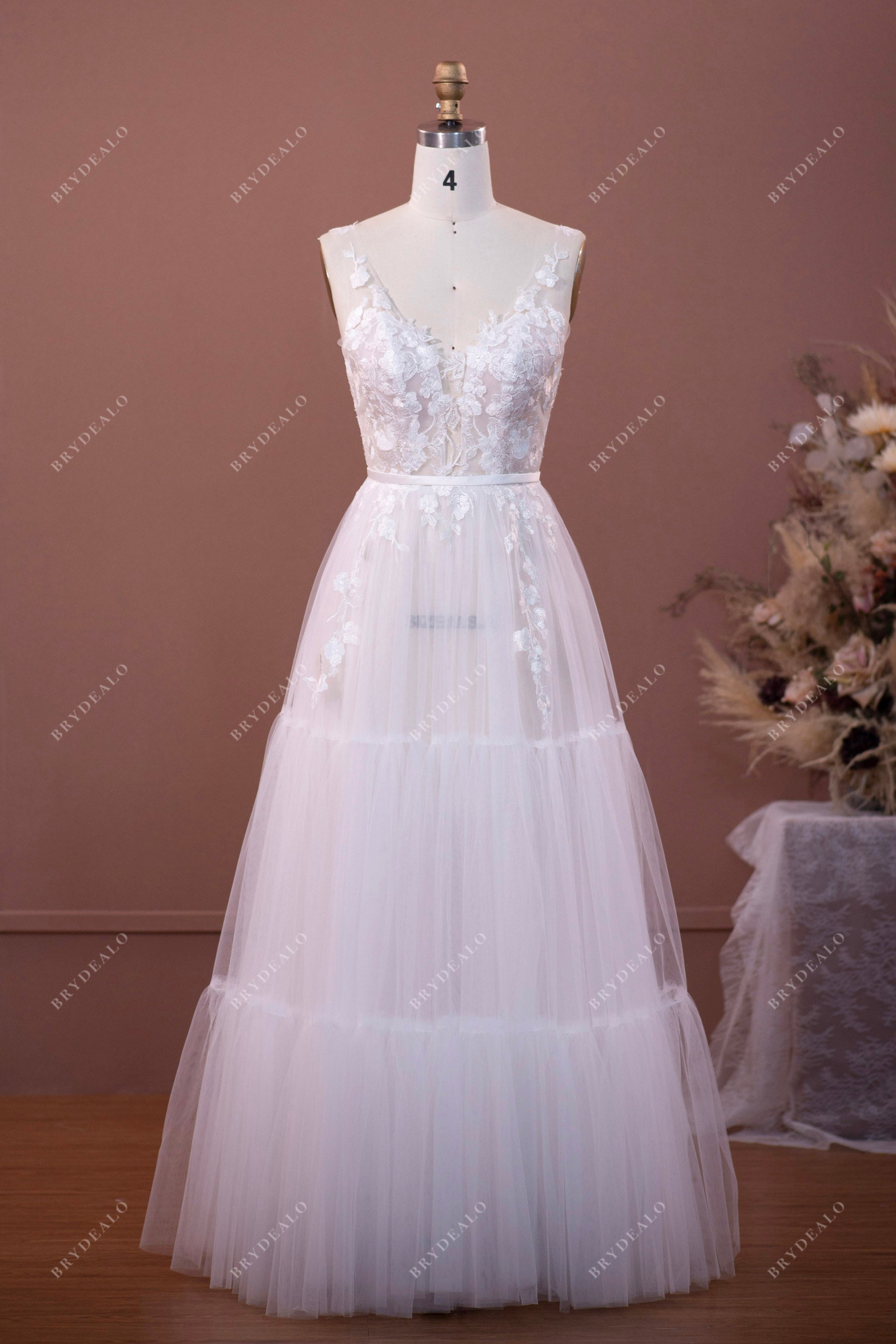 Exquisite Floral Lace Applique Illusion Bodice Tulle A Line Beach Wedding Dresses,WD0587