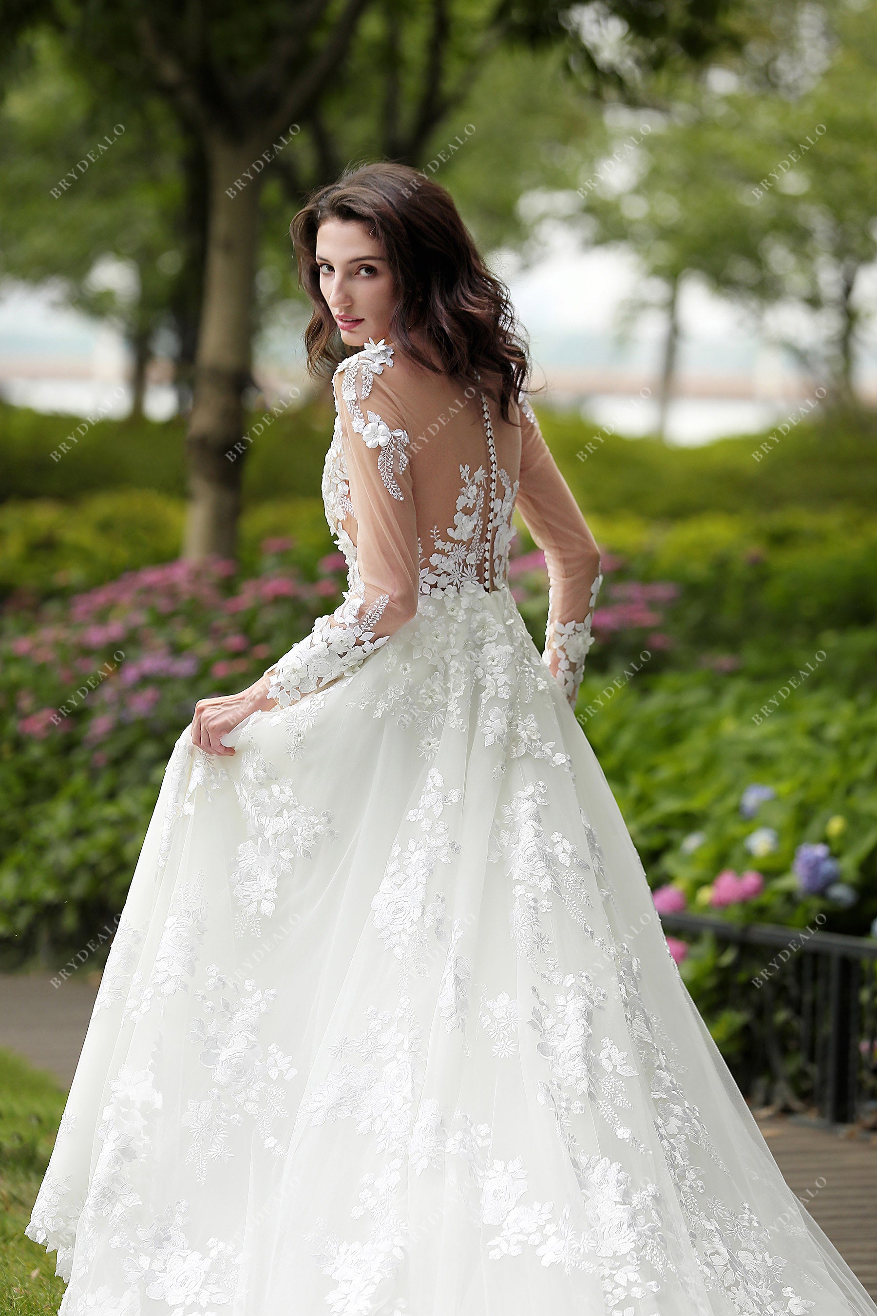 Romantic Wholesale Illusion Long Sleeve Flower Wedding Dress