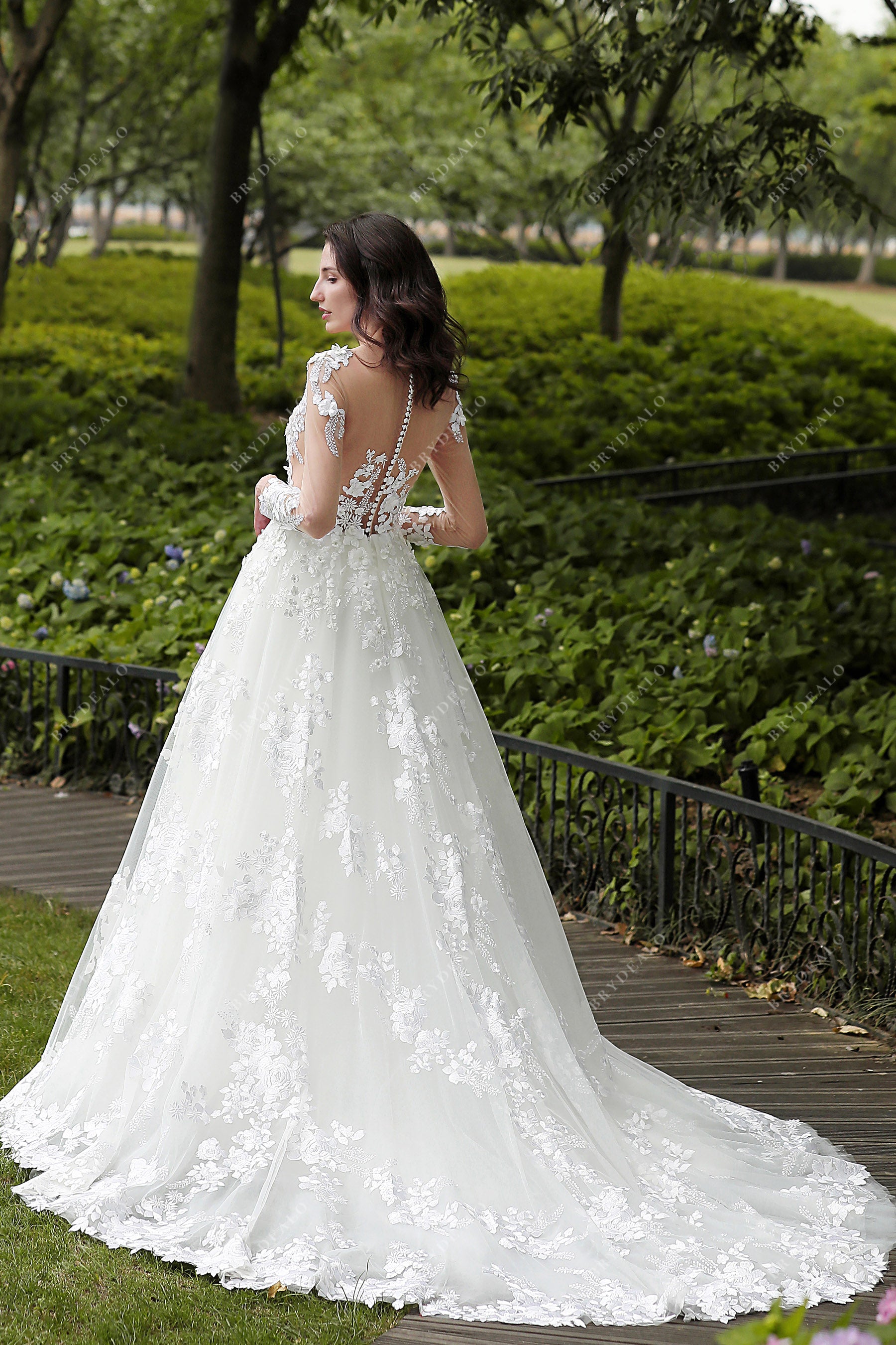 Illusion Back Illusion Long Sleeve Flower Wedding Dress