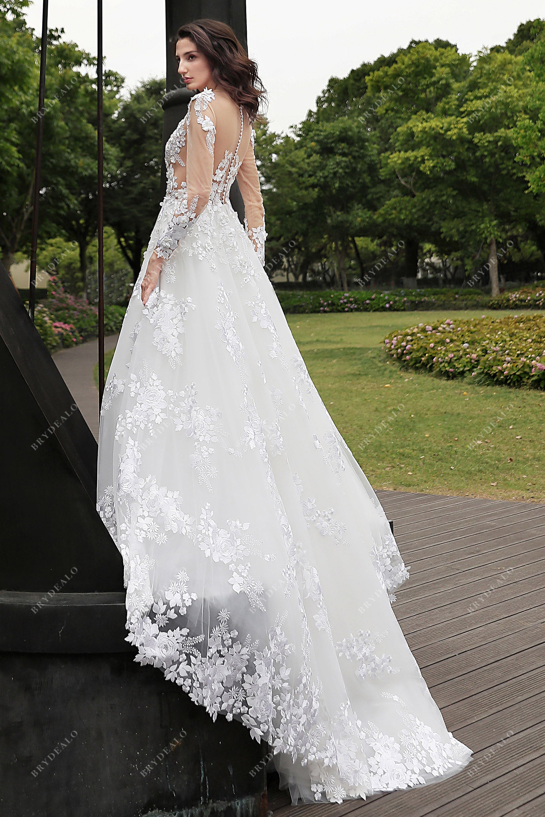 Sheer Sleeves Illusion Flower Wedding Dress