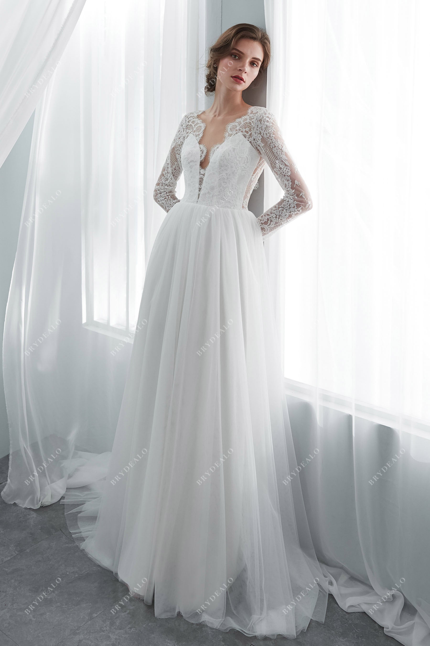 Illusion Long Sleeve Scallop Neck Wedding Dress