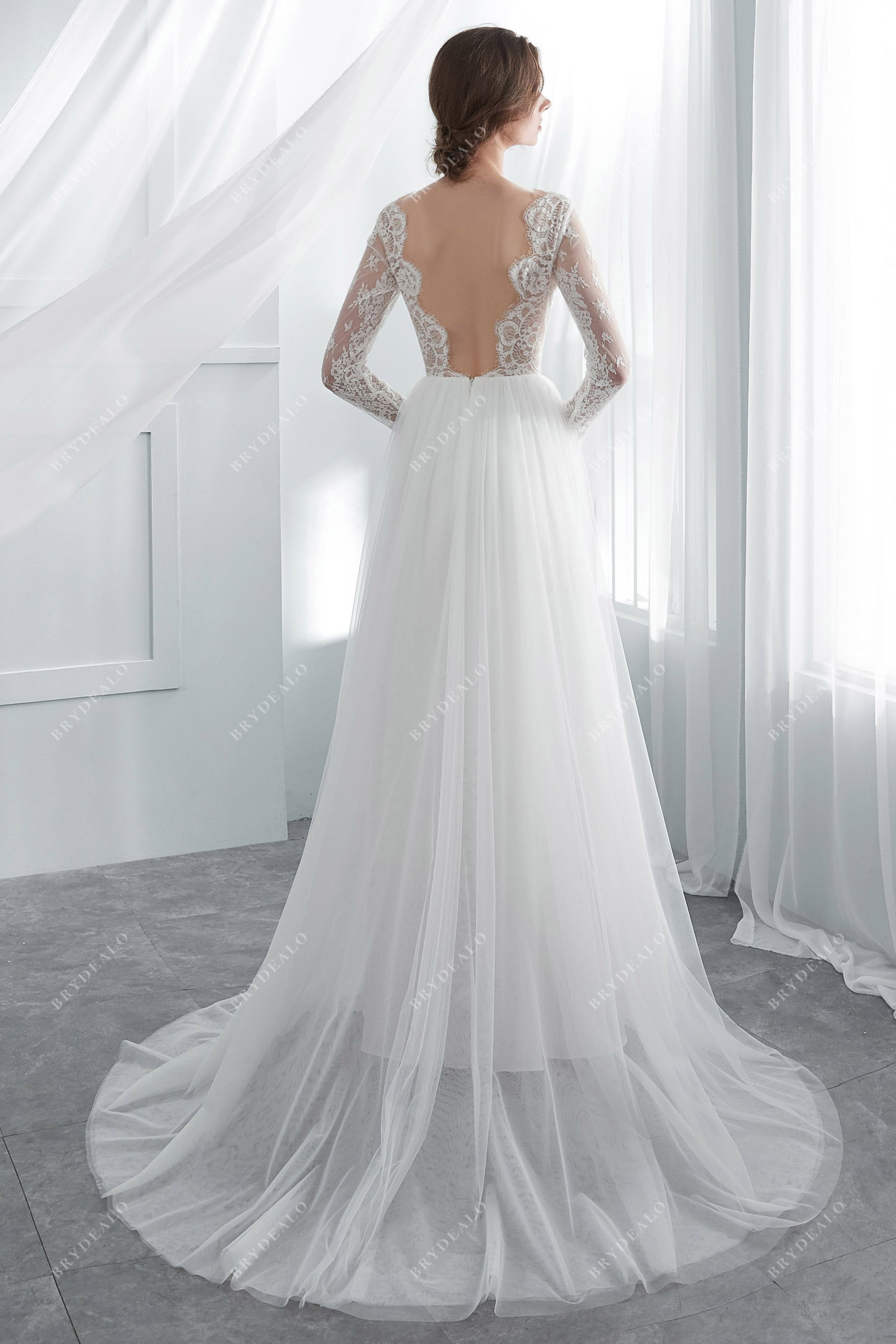 Sleeve Scallop Neck Wedding Dress