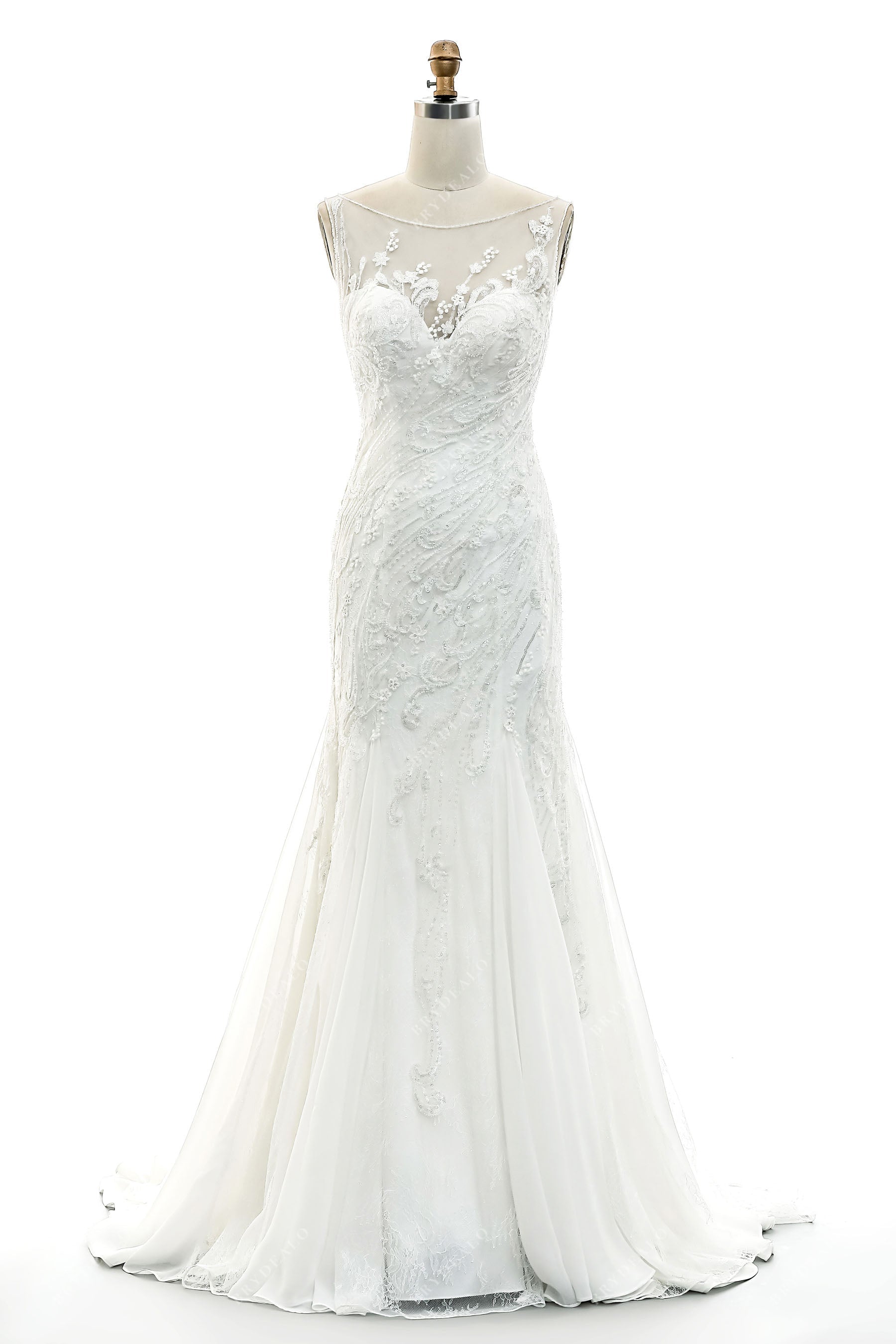 Illusion Neck Beaded Lace Chiffon Mermaid Bridal Gown