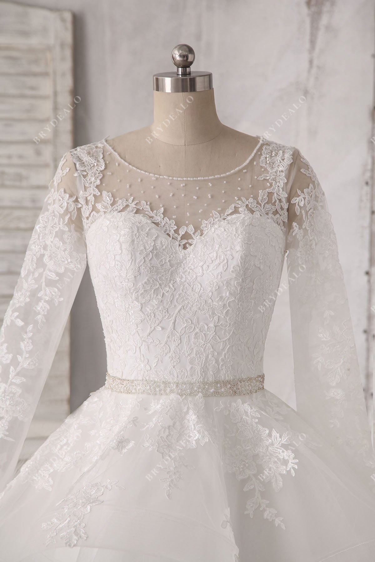 illusion neck sleeved beaded lace tulle wedding gown