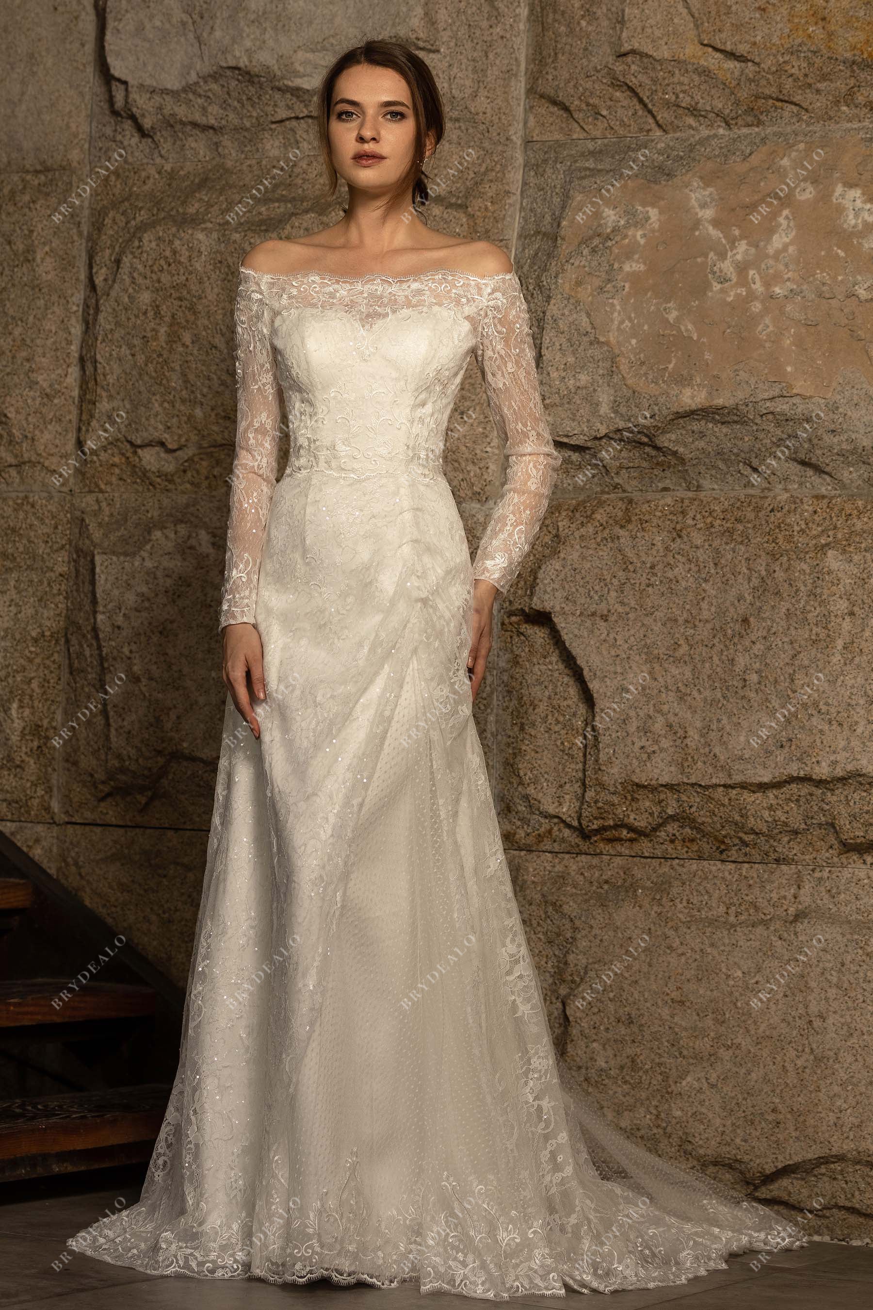illusion off-shoulder shimmering long sleeve mermaid wedding dress