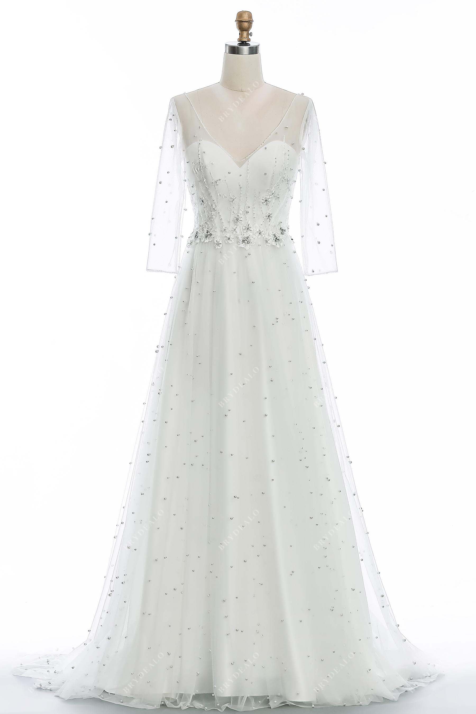Illusion 3/4 Sleeve Pearl Lace Wedding Dress Illusion 3/4 Sleeve Pearl Lace Wedding Dress