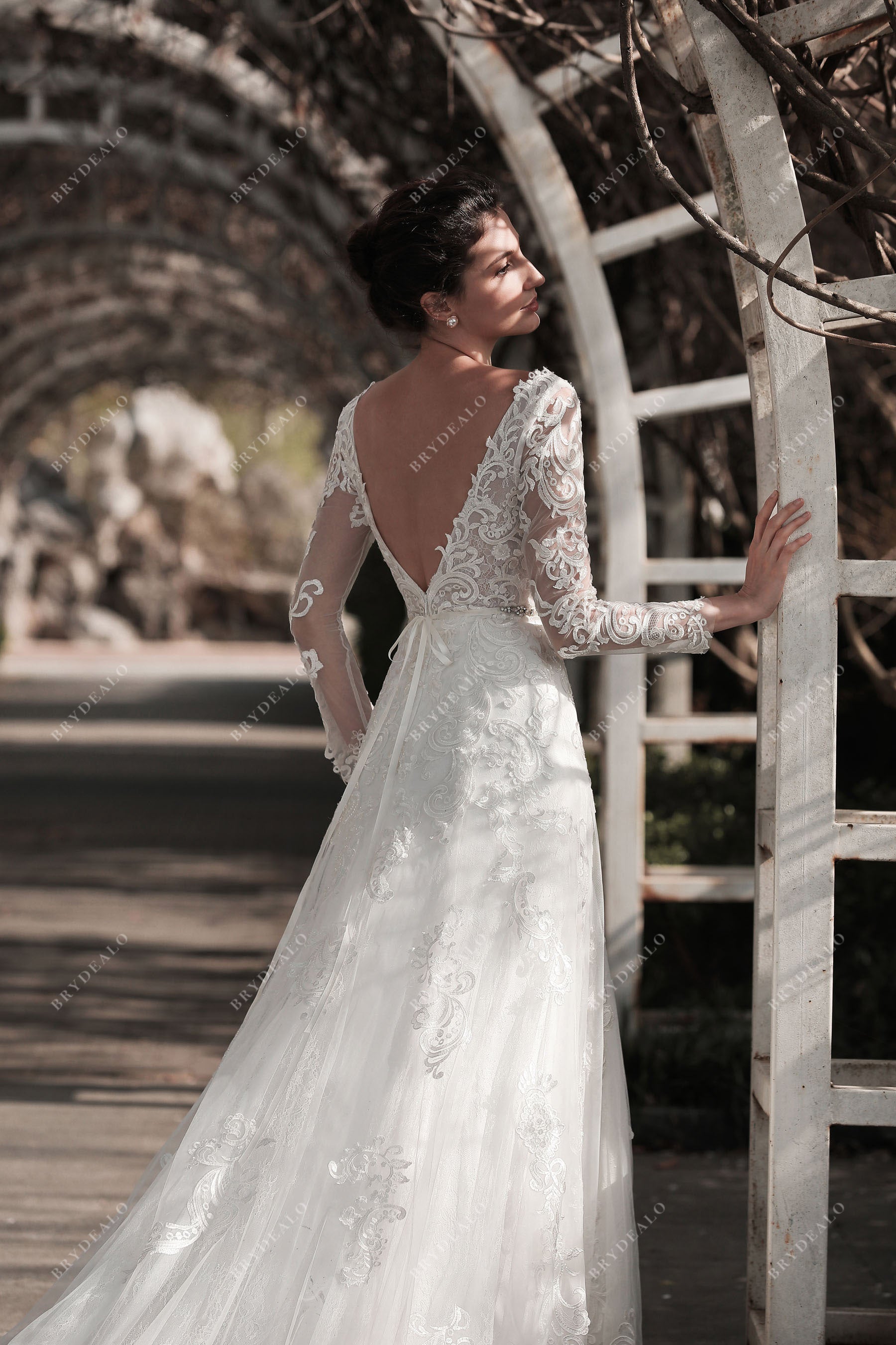 V-back sheer sleeves bridal gown