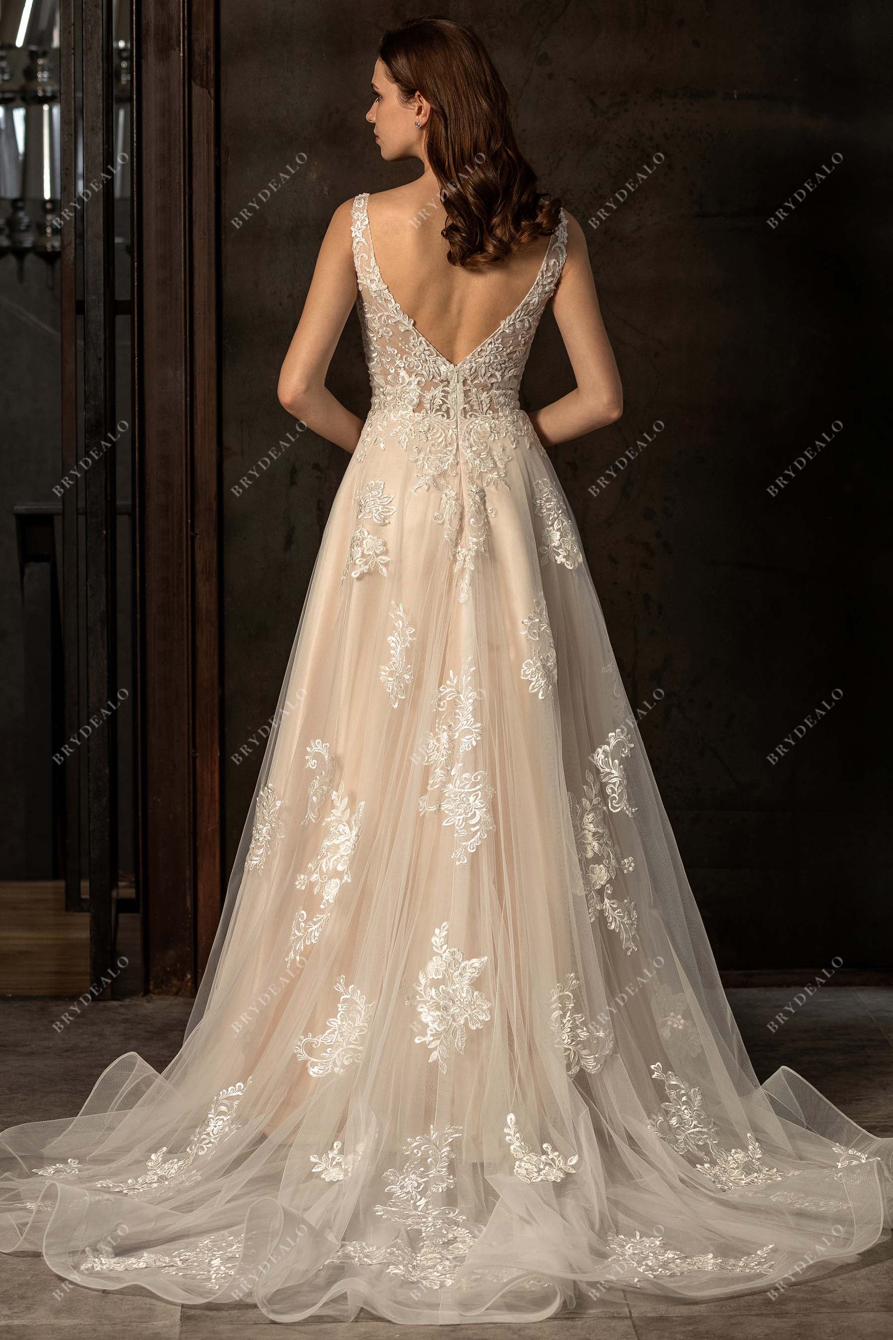 illusion V-back romantic lace A-line bridal gown