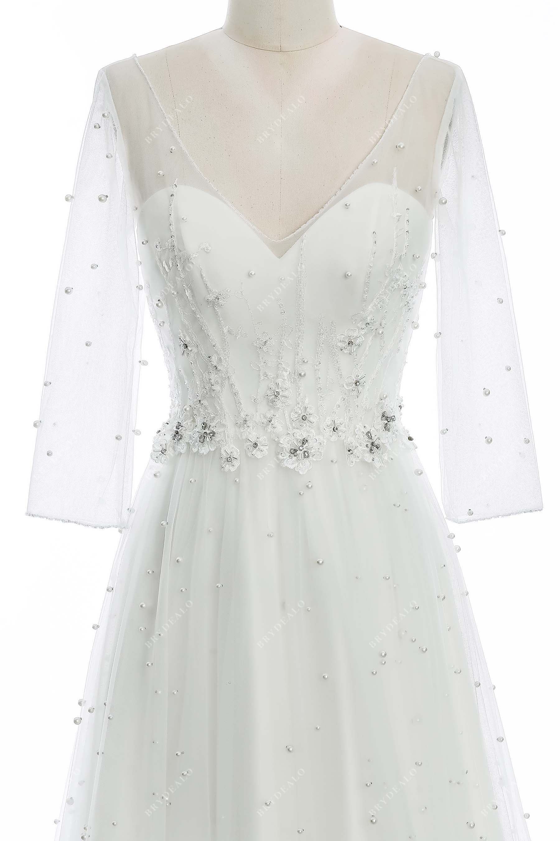 illusion neck pearl lace bridal dress