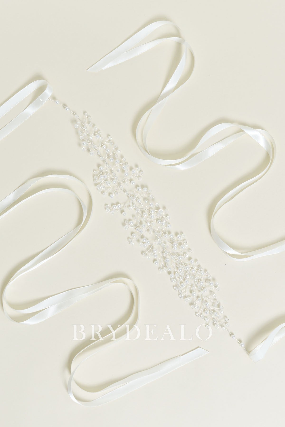 Ivory Crystal Pearl Bridal Sash with Satin Ribbon