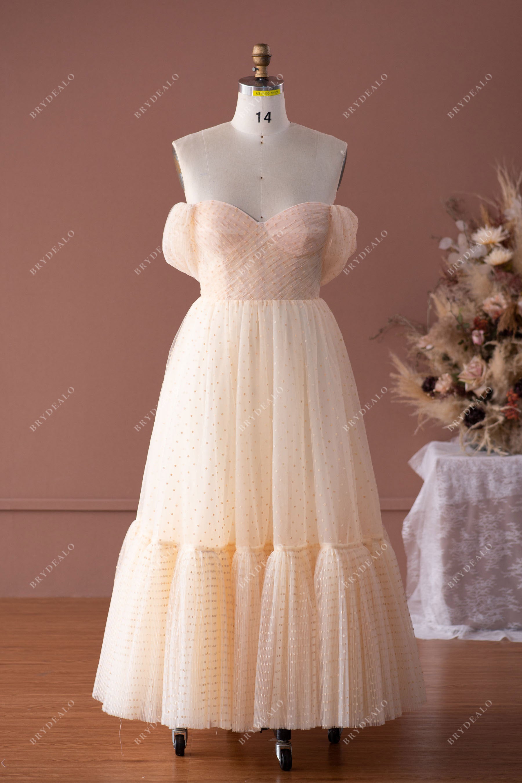 Dot Tulle Off Shoulder Tea Length Formal Dress Dot Tulle Off Shoulder Tea Length Formal Dress