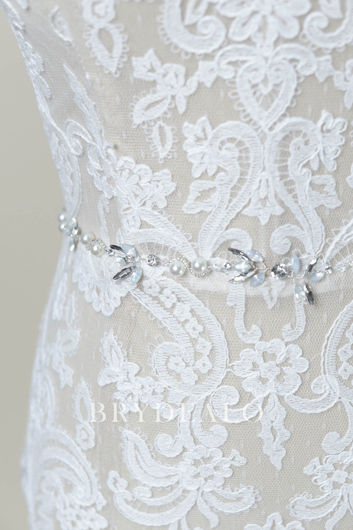 Ivory Satin Bridal Sash with Silver Dusty Blue Rhinestones for Wedding Dress