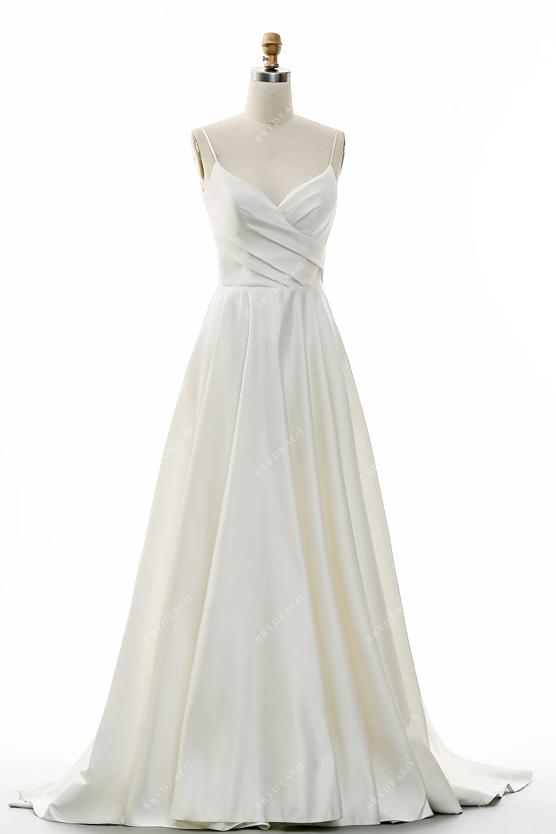Ivory Satin Pleated V-neck Spaghetti Strap Wedding Dress