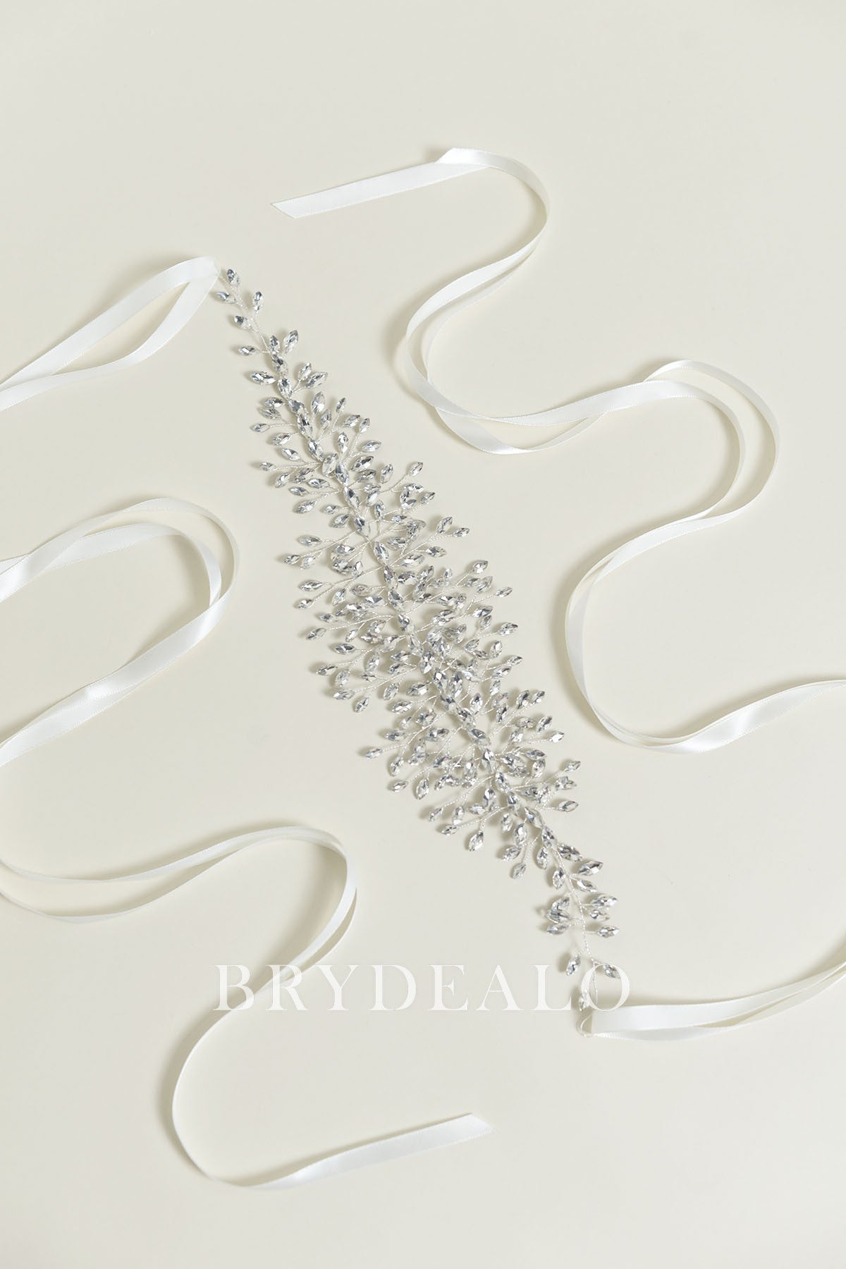 Ivory Satin Silver Crystal Vine Bridal Sash for Wedding Dress