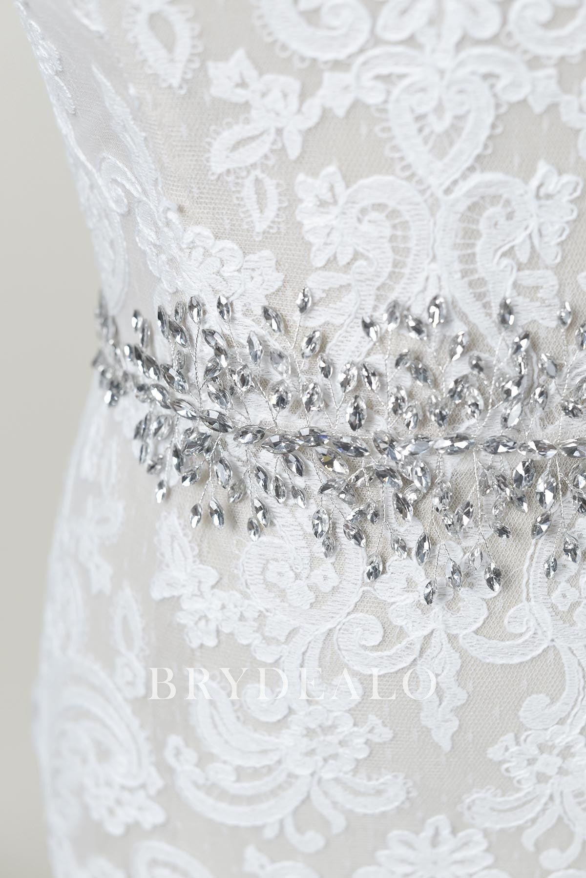 Ivory Satin Silver Crystal Vine Bridal Sash for Wholesale