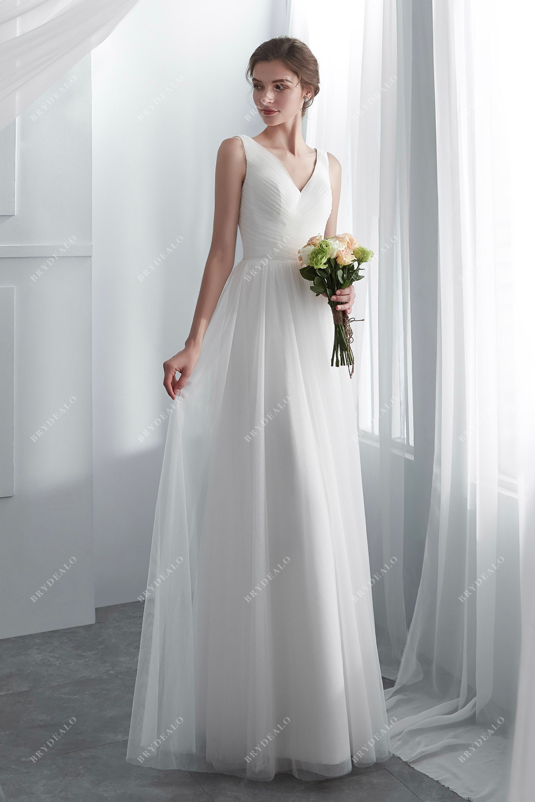 Ivory Tulle Pleated A-line Romantic Wedding Gown